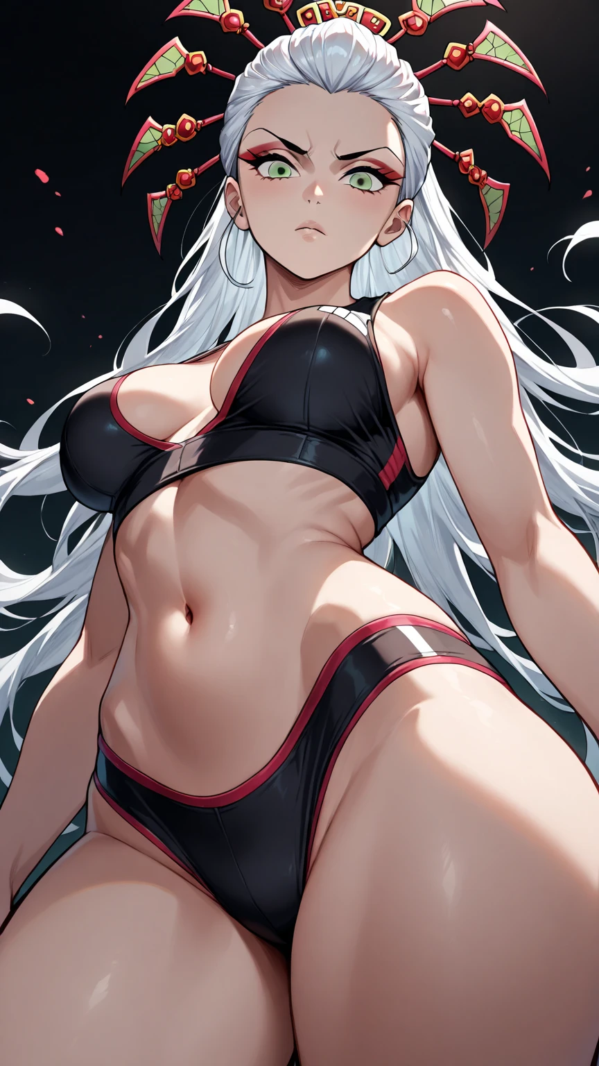 masterpiece,absurdres,best quality,high quality,<lora:MeMaXL5 Type C Vpred Noob:1>,1girl,swimsuit,bikini,solo,long hair,red eyes,breasts,black bikini,red ribbon,very long hair,ponytail,looking at viewer,sitting,white hair,wariza,cleavage,hair ribbon,ribbon,navel,side-tie  bottom,collarbone,multicolored hair,medium breasts,crossed arms,breasts squeezed together,