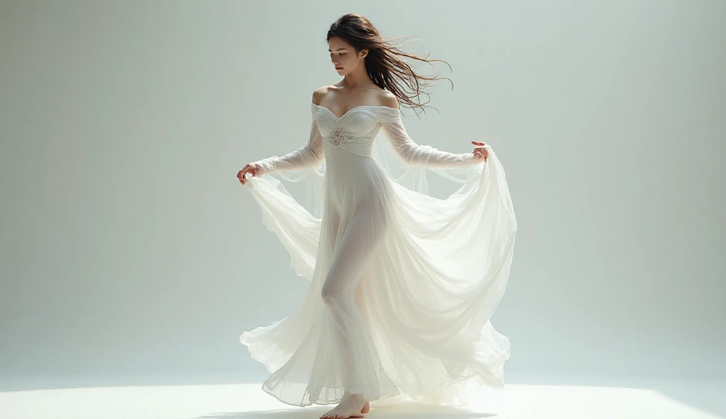 highest quality、4K、Beautiful lady、Perfect Face、Perfect Style、perfect body、Sunburn、beautiful lady、mature、long curly layer brown hair、Swept-back hair、full body, sexy 、charming、healthy、of the highest quality、8K、She is wearing a long, elegant white dress with long sleeves, featuring a high slit that reveals one of her legs as she strides forward.
BREAK （Abstract shapes, deep grayscale tones, polygon fragments, geometric patterns, low-light monochrome background, polygonal shadows, composition of straight lines and sharp angles, facet of modern art, deep textured base for digital art, minimalist style, dynamic contrast of light and shadow, contemporary graphic design, background for visual concepts, upscale matte finish, meticulous attention to detail）