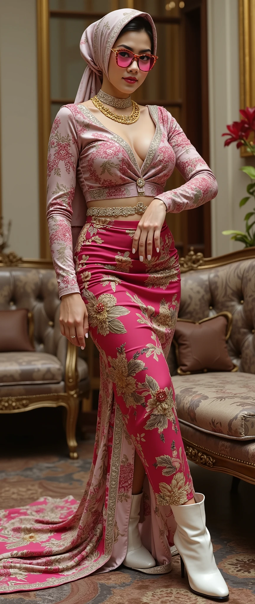 hyper HD, Masterpiece, Textured skin, 4K, Best quality , this picture of a "fashion breaker" beautiful woman with big breasts and tall body from Java with white skin wearing traditional Javanese clothes ( kebaya ) with her hair in a bun wearing sunglasses with pink glass and golden frame glasses. Standing sideways while showing her white hill boots to the audience while laughing while pointing her finger at the audience , perfect hands , auto correct detail fingers.