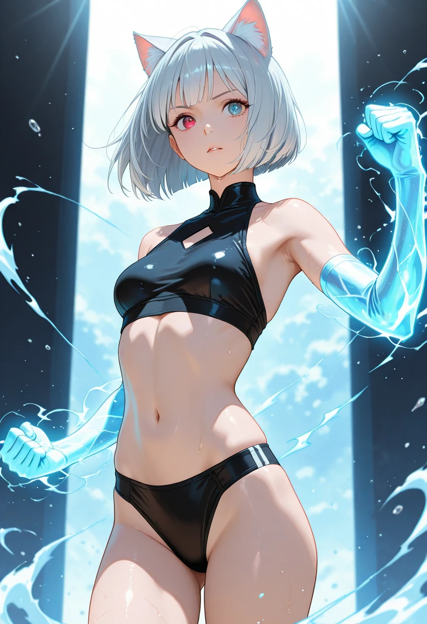 1girl, beautiful detailed eyes, superhero, mature woman, white hair, bob hair, short hair, green eyes, beautiful detailed eyes, leotard, black leotard, ???? legs, gloves, boots, standing, glowing body, light surrounding her body, light particles, perfect ???????, cowboy shot, full body shot, outstretched arms, superpower, solo, single.