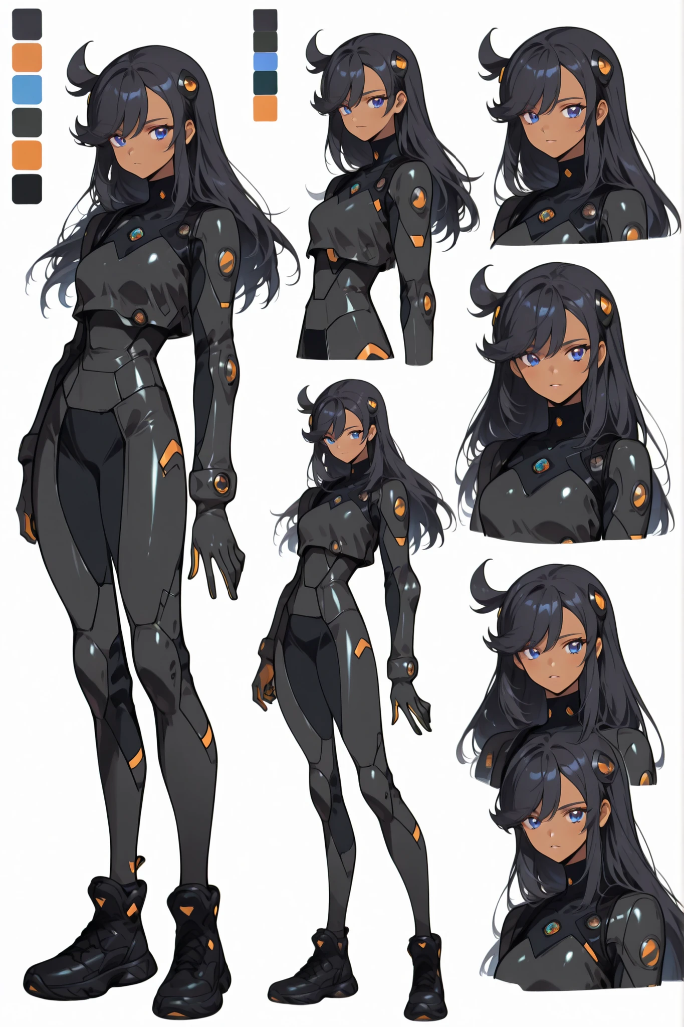 zaemma, aged up, blue eyes, black hair, long hair, swept bangs, dark-skinned female, [[[cowlick, hair ornament]]], two-tone gloves, black gloves, orange gloves, bodysuit under clothes, black bodysuit, turtleneck, shoes, black footwear,CharacterDesignIllustrious,,,reference sheet, simple white background, (color guide:1.2), (multiple views), (full body), dynamic pose,,,g0th1cpnk,