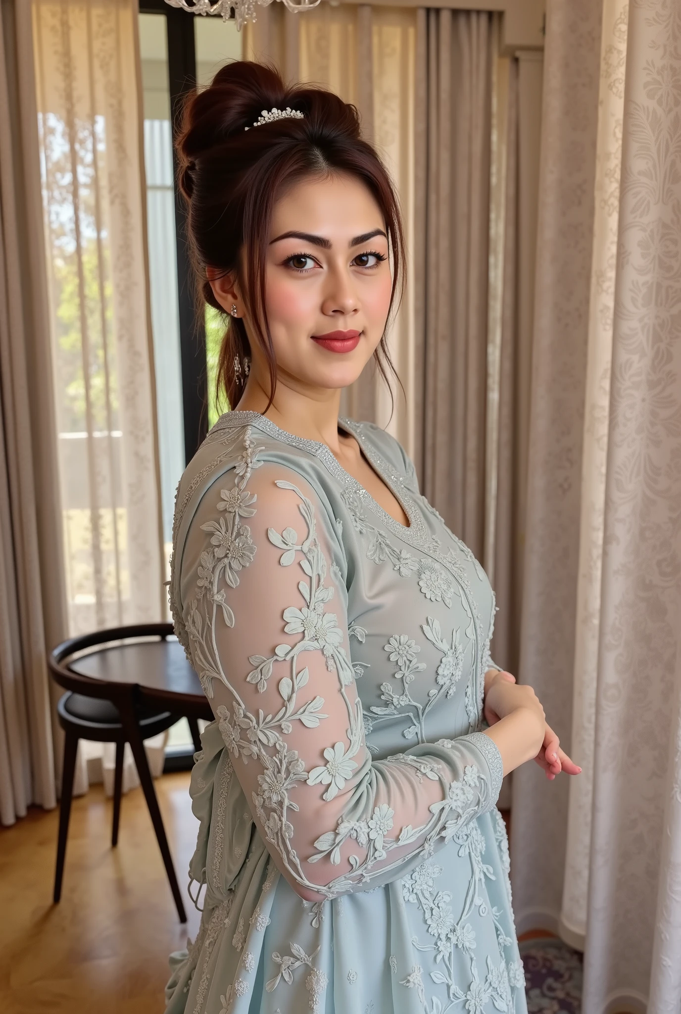 hyper HD, Masterpiece, Textured skin, 4K, Best quality of potrait a Beautiful asian woman white fairy skin wearing dress , close-up half body , happy vibes, beauty smile , open mouth showing teeth , smiling confident , huge breast , perfect hands , auto correct detail fingers.