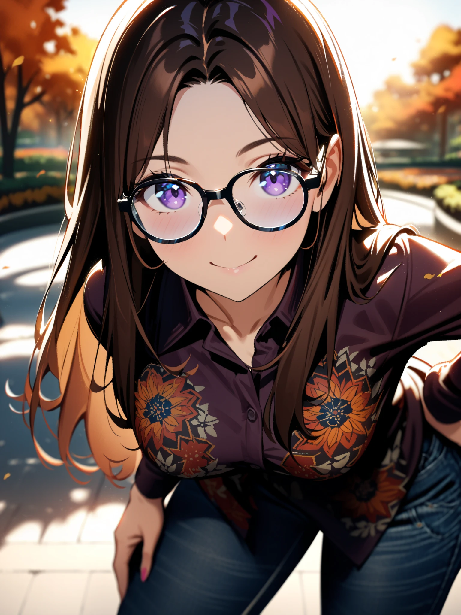 Alone, One person, Anime woman (shoulder length brown hair, blue eyes, black hoodie, jeans, dark framed glasses, clear forehead, smiling) . Sitting on a flowering meadow at night. Glowing musical notes fly around her. A white grand piano stands in the background. Full moon in the night sky.