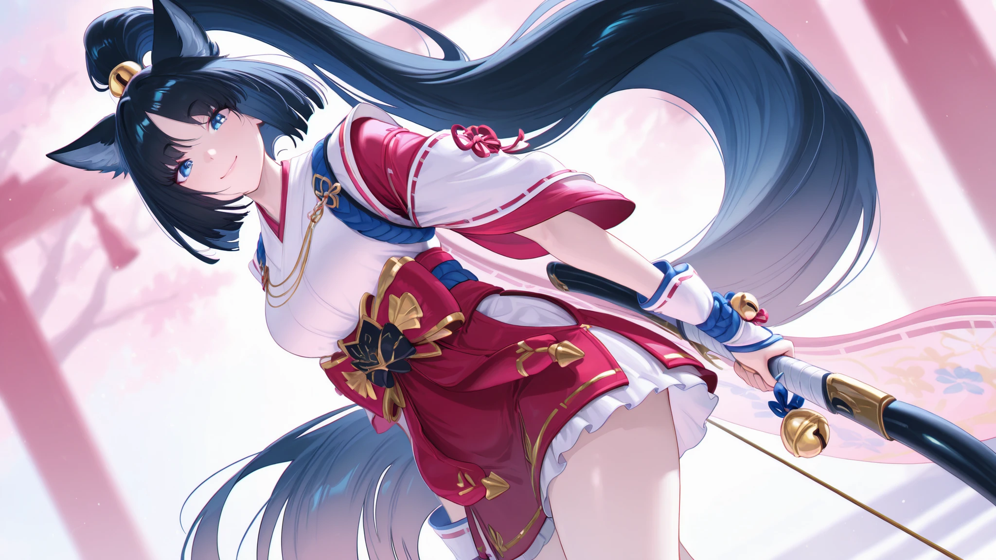 masterpiece, best quality, ultra-detailed, absurdres, newest,1girl, solo, miyasuzuhime, fox ears, high ponytail, black hair, long hair, blue eyes, sidelocks, japanese clothes, red skirt, bell,  beautiful face, charming smile, gentle expression, sparkling blue eyes, soft lighting, smooth skin, perfect shading, holding bow (weapon), looking at viewer
simple background, blurred background, soft pastel colors, clean composition, natural pose, relaxed shoulders, elegant posture