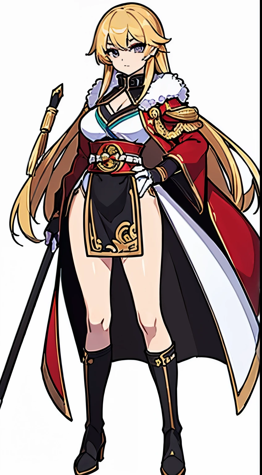 (((Top quality))) , ((full body)), female,  References , alone, (white background),  catching a cane , Portrait with a coat of gloves , Three Kingdoms costume , Chest exposure, side slit skirt,