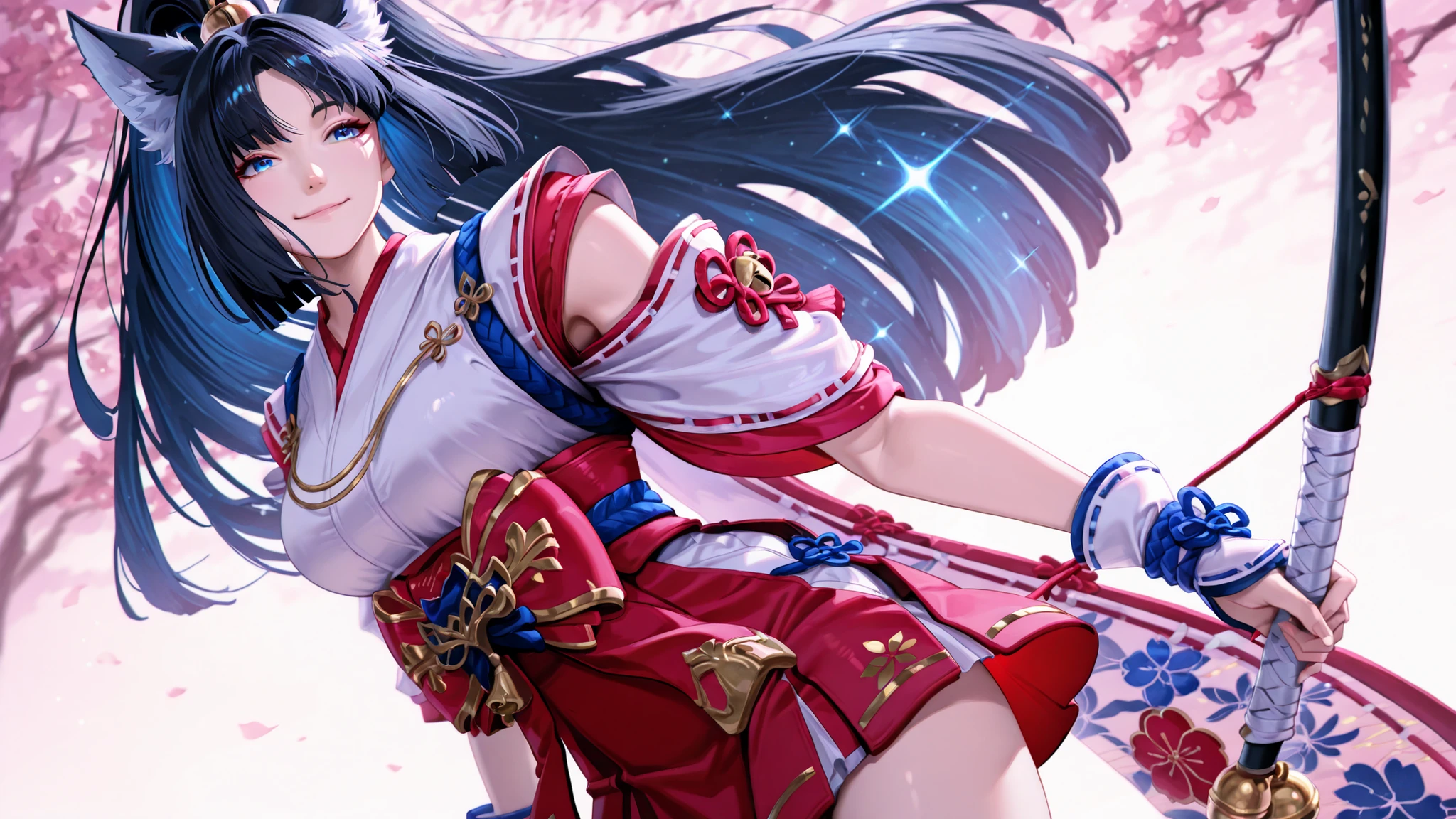 masterpiece, best quality, ultra-detailed, absurdres, newest,1girl, solo, miyasuzuhime, fox ears, high ponytail, black hair, long hair, blue eyes, sidelocks, japanese clothes, red skirt, bell, beautiful face, charming smile, gentle expression, sparkling blue eyes, soft lighting, smooth skin, perfect shading, holding bow (weapon), looking at viewer
simple background, blurred background, soft pastel colors, clean composition, natural pose, relaxed shoulders, elegant posture