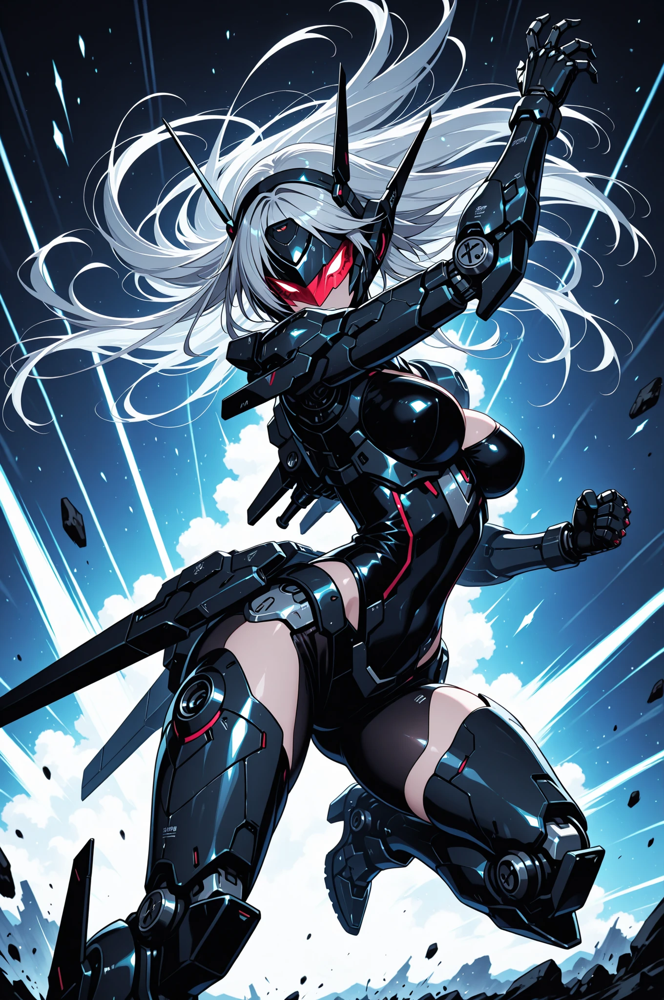 masterpiece, best quality, clean lines, sharp details, 1girl, solo, mecha musume, beautiful human face, long hair, mechanical limbs, dynamic pose, action pose, in battle