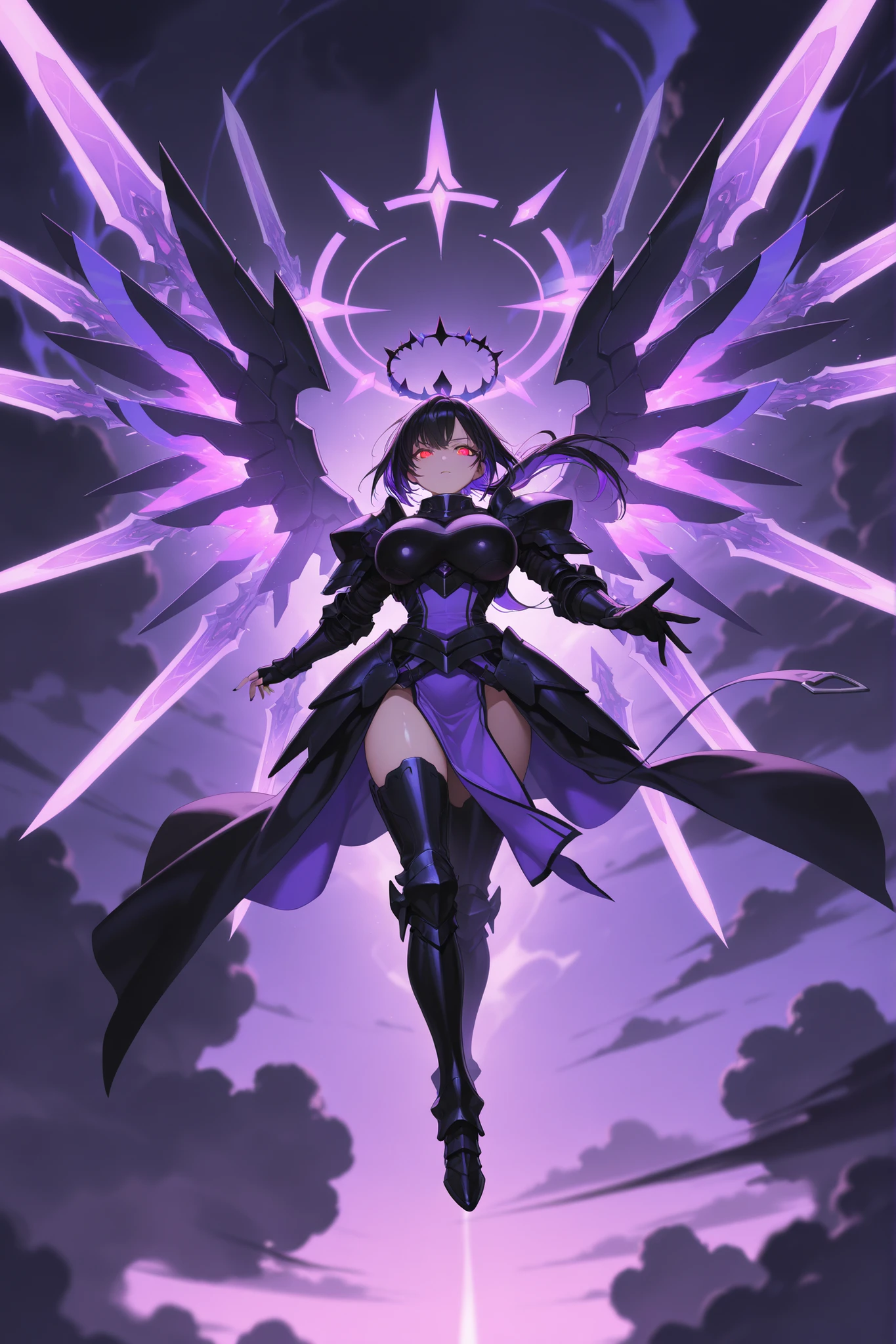 (very detailed:1.2, Masterpiece:1.2, PREMIUM QUALITY:1.2, high resolution on the coast:1.2), 1girl, two-tone hair, purple hair, black hair, multicolored hair, ponytail, red eyes, {sharp eyelashes}, bright eyes, black nail, huge breasts, shiny skin, wing, black armored wing, energy wing, purple energy wing, purple dress armor, (black dress armor:0.8), two-tone dress armor, purple energy, black energy, glowing dress armor, halo, halo crown, purple halo crown, flying, sky, purple sky, black cloud, glowing eyes, eye trail, wide angle, full body, open hand, incoming hand, purple energy, purple energy weapons, floating weapons, many weapon