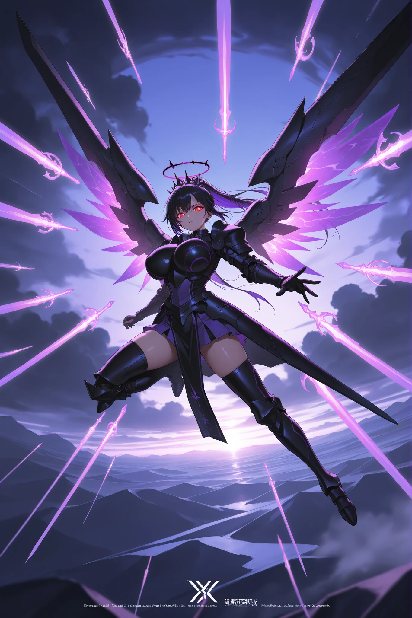 (very detailed:1.2, Masterpiece:1.2, PREMIUM QUALITY:1.2, high resolution on the coast:1.2), 1girl, two-tone hair, purple hair, black hair, multicolored hair, ponytail, red eyes, {sharp eyelashes}, bright eyes, black nail, huge breasts, shiny skin, wing, black armored wing, energy wing, purple energy wing, purple dress armor, (black dress armor:0.8), two-tone dress armor, purple energy, black energy, glowing dress armor, halo, halo crown, purple halo crown, flying, sky, purple sky, black cloud, glowing eyes, eye trail, wide angle, full body, open hand, incoming hand, purple energy, purple energy weapons, floating weapons, many weapon