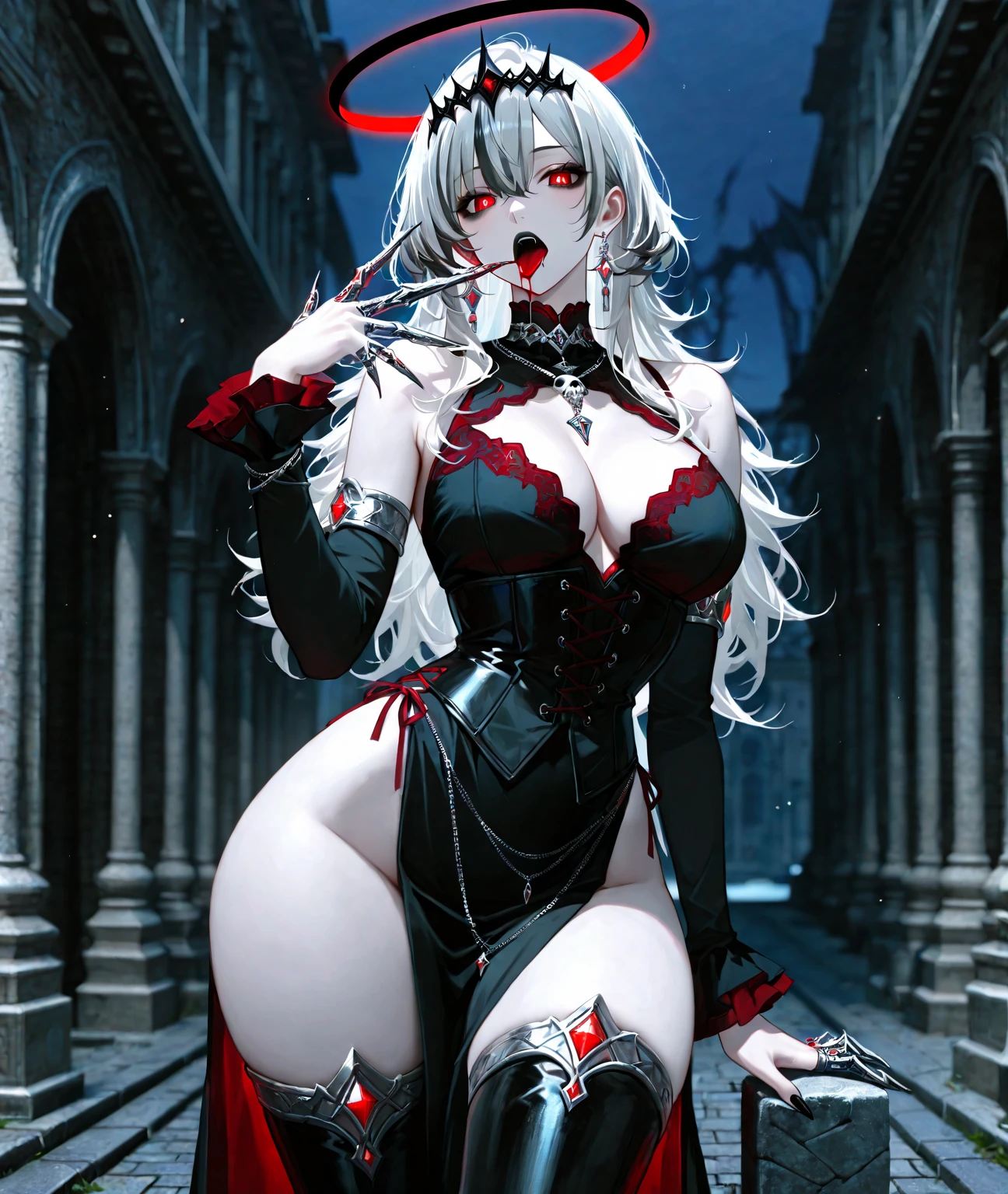 ((Highest quality)),(Ultra-high resolution),(Super detailed),(Detailed Description),((The best CG)),(masterpiece),Highly detailed art,(Art with precise details:1.5), (Female Devil:1.5),(sneer:1.3),(???????????:1.6),(Red and black leather suit:1.6),Beautiful feet:1.6,Sharp Claws:1.6,Sharp Boots:1.4,((Scythe:1.5), (Pale-white fireball:1.6)