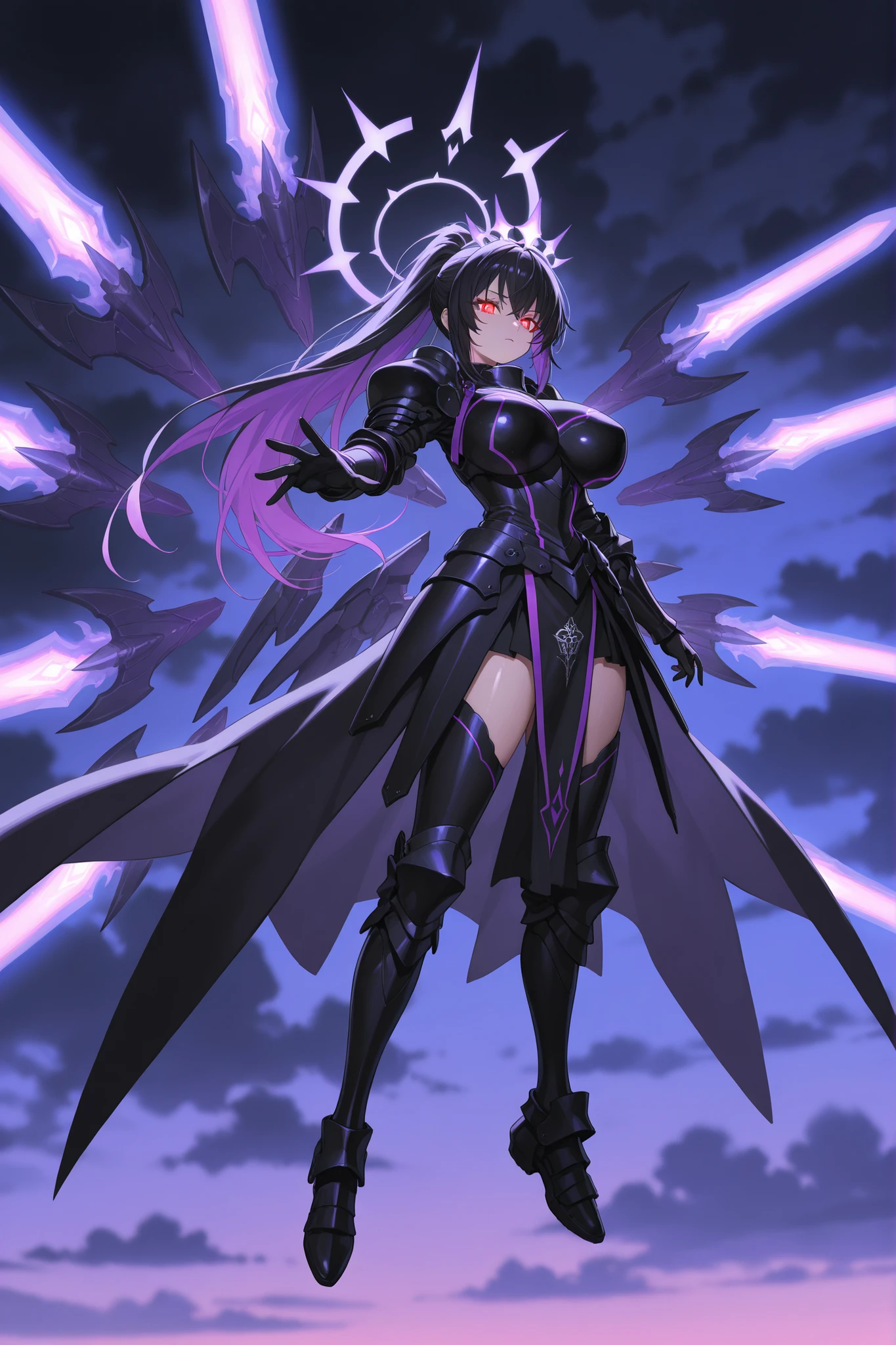 (very detailed:1.2, Masterpiece:1.2, PREMIUM QUALITY:1.2, high resolution on the coast:1.2), 1girl, two-tone hair, purple hair, black hair, multicolored hair, ponytail, red eyes, {sharp eyelashes}, bright eyes, black nail, huge breasts, shiny skin, wing, black armored wing, energy wing, purple energy wing, purple dress armor, (black dress armor:0.8), two-tone dress armor, purple energy, black energy, glowing dress armor, halo, halo crown, purple halo crown, flying, sky, purple sky, black cloud, glowing eyes, eye trail, wide angle, full body, open hand, incoming hand, purple energy, purple energy weapons, floating weapons, many weapon