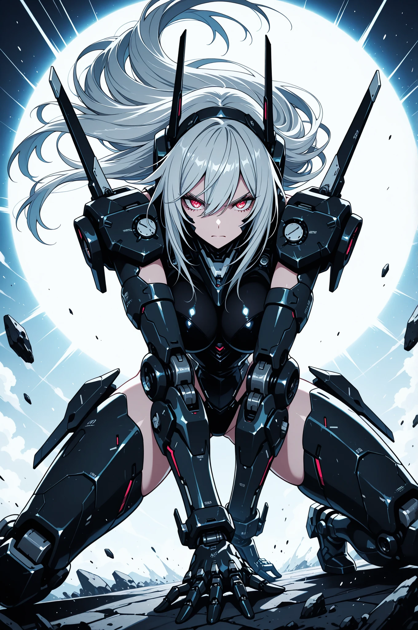 masterpiece, best quality, clean lines, sharp details, 1girl, solo, mecha musume, beautiful human face, long hair, mechanical limbs, dynamic pose, action pose, in battle