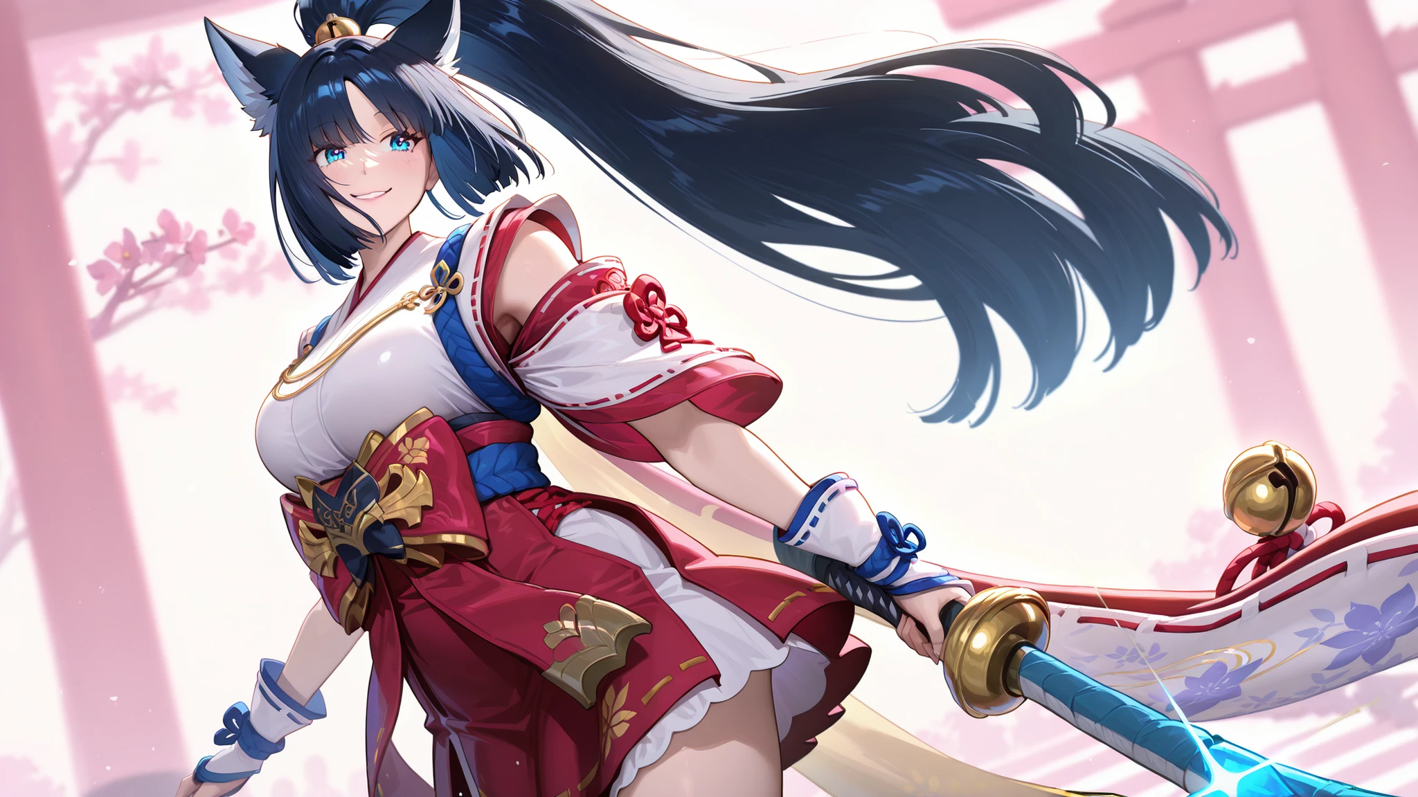 great portfolio, Breast Opener, very fine, nonsense, newest,1Girls, blooms alone, Miyazu Suhime, fox ears, high ponytail, ผมสีดำ, long hair,  Blue eyes , lateral bone, japanese clothes, Red Skirt, bell,  beautiful faces, mesmerizing smile, Gentle expression, sparkling  Blue eyes , soft light, , smooth skin, perfect shade,  holding a bow (weapon), looking at the audience
Simple background, blurred background,  Soft Pastel, clean composition, , natural posture, Relaxed shoulders, Luxurious gestures