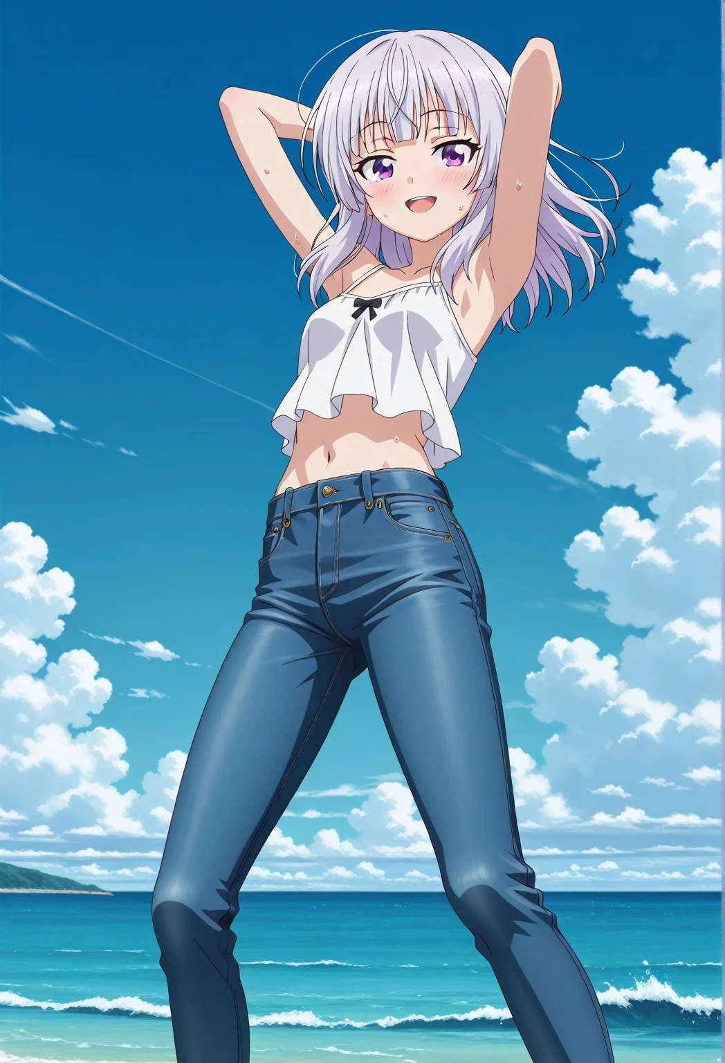 score_9, score_8_up, score_7_up, source_anime, highres, hi res, ((best quality, top quality, perfect quality, Highest Quality, amazing quality)), {{masterpiece}}, {{an extremely delicate and beautiful}}, 2d, intricate details, official style, anime, 8k, anime style, official_anime, official art, digital painting, cell shading, soft shading, high resolution, soothing tones, Subdued Color, Soft cinematic light, adobe lightroom, photolab, HDR, intricately and hyper-detailed, ((high quality animation)), 1 girl, Alone, solo, ((ocean)), tsunami, on the water, day, sunny, outdoors, sky, windy, arisu sakayanagi, sakayanagi arisu, long hair, bangs, purple eyes, white hair, blunt bangs, anime screencap, small breasts, white camisole top, crop top, white crop top, best quality, hyper-detailed jeans, ((blue jeans:1.9)), (dark blue jeans:0.6), full medium body, medium shot, Open mouth, smiling, happy face, blush, sweat, standing, ((arms behind head:6.0)), bowlegged, jumping pose, action, looking at viewer, spread legs, Bend knees slightly, straight-on front view