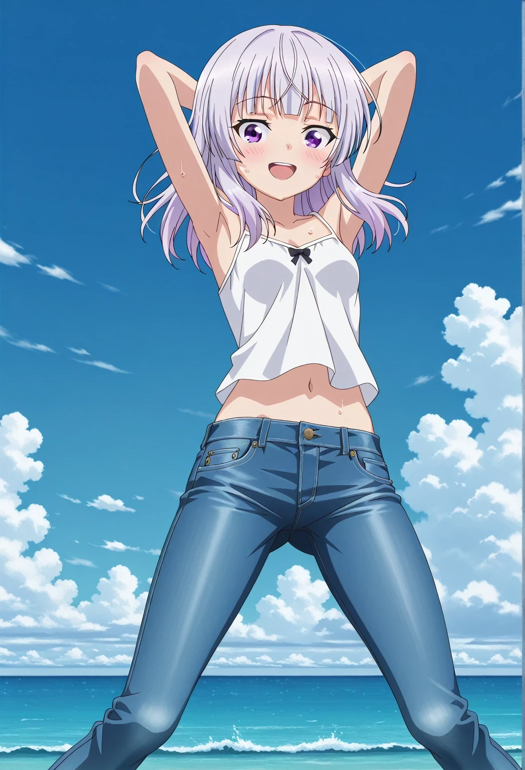 score_9, score_8_up, score_7_up, source_anime, highres, hi res, ((best quality, top quality, perfect quality, Highest Quality, amazing quality)), {{masterpiece}}, {{an extremely delicate and beautiful}}, 2d, intricate details, official style, anime, 8k, anime style, official_anime, official art, digital painting, cell shading, soft shading, high resolution, soothing tones, Subdued Color, Soft cinematic light, adobe lightroom, photolab, HDR, intricately and hyper-detailed, ((high quality animation)), 1 girl, Alone, solo, ((ocean)), tsunami, on the water, day, sunny, outdoors, sky, windy, arisu sakayanagi, sakayanagi arisu, long hair, bangs, purple eyes, white hair, blunt bangs, anime screencap, small breasts, white camisole top, crop top, white crop top, best quality, hyper-detailed jeans, ((blue jeans:1.9)), (dark blue jeans:0.6), full medium body, medium shot, Open mouth, smiling, happy face, blush, sweat, standing, ((arms behind head:6.0)), bowlegged, jumping pose, action, looking at viewer, spread legs, Bend knees slightly, straight-on front view