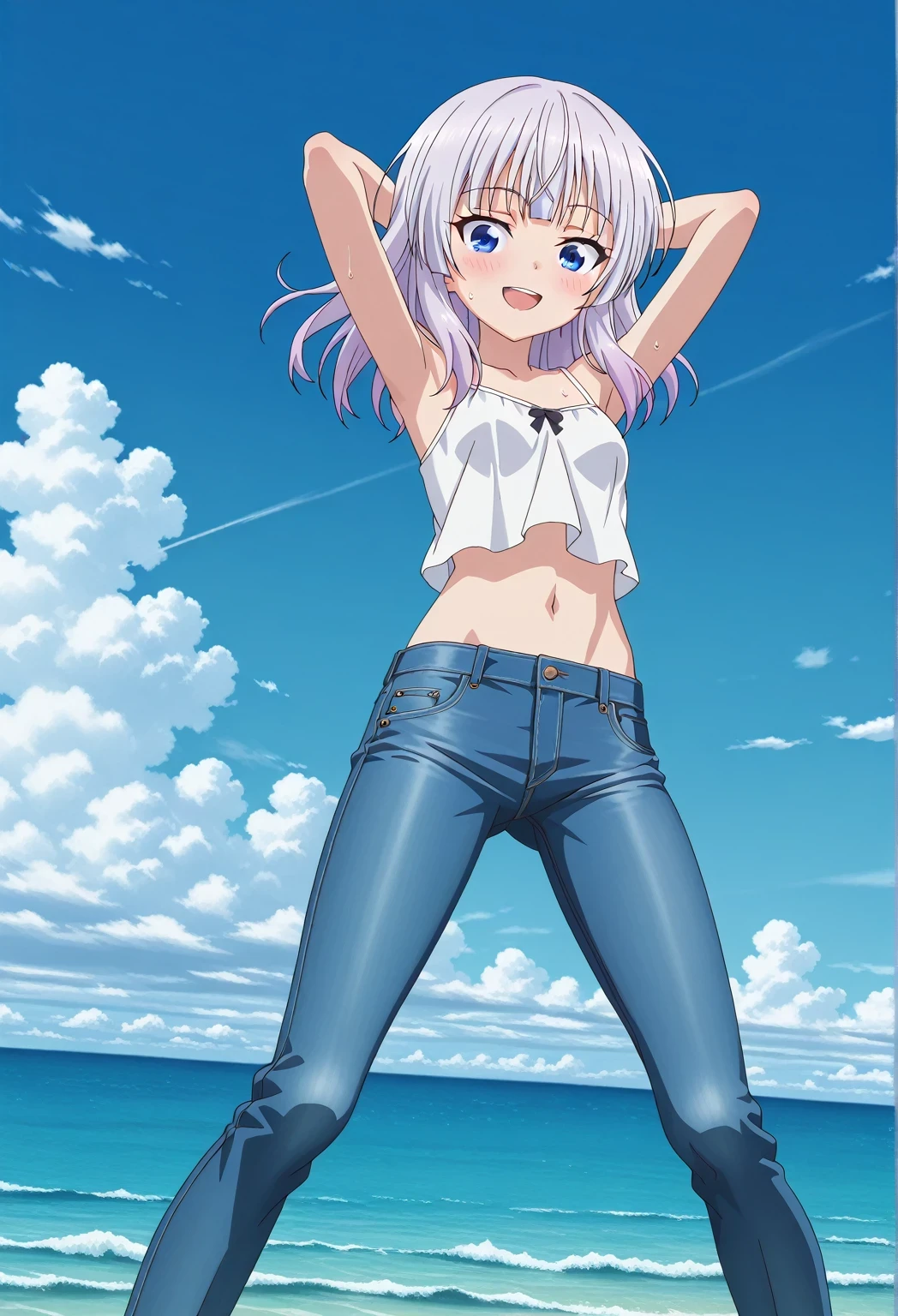 score_9, score_8_up, score_7_up, source_anime, highres, hi res, ((best quality, top quality, perfect quality, Highest Quality, amazing quality)), {{masterpiece}}, {{an extremely delicate and beautiful}}, 2d, intricate details, official style, anime, 8k, anime style, official_anime, official art, digital painting, cell shading, soft shading, high resolution, soothing tones, Subdued Color, Soft cinematic light, adobe lightroom, photolab, HDR, intricately and hyper-detailed, ((high quality animation)), 1 girl, Alone, solo, ((ocean)), tsunami, on the water, day, sunny, outdoors, sky, windy, arisu sakayanagi, sakayanagi arisu, long hair, bangs, purple eyes, white hair, blunt bangs, anime screencap, small breasts, white camisole top, crop top, white crop top, best quality, hyper-detailed jeans, ((blue jeans:1.9)), (dark blue jeans:0.6), full medium body, medium shot, Open mouth, smiling, happy face, blush, sweat, standing, ((arms behind head:6.0)), bowlegged, jumping pose, action, looking at viewer, spread legs, Bend knees slightly, straight-on front view