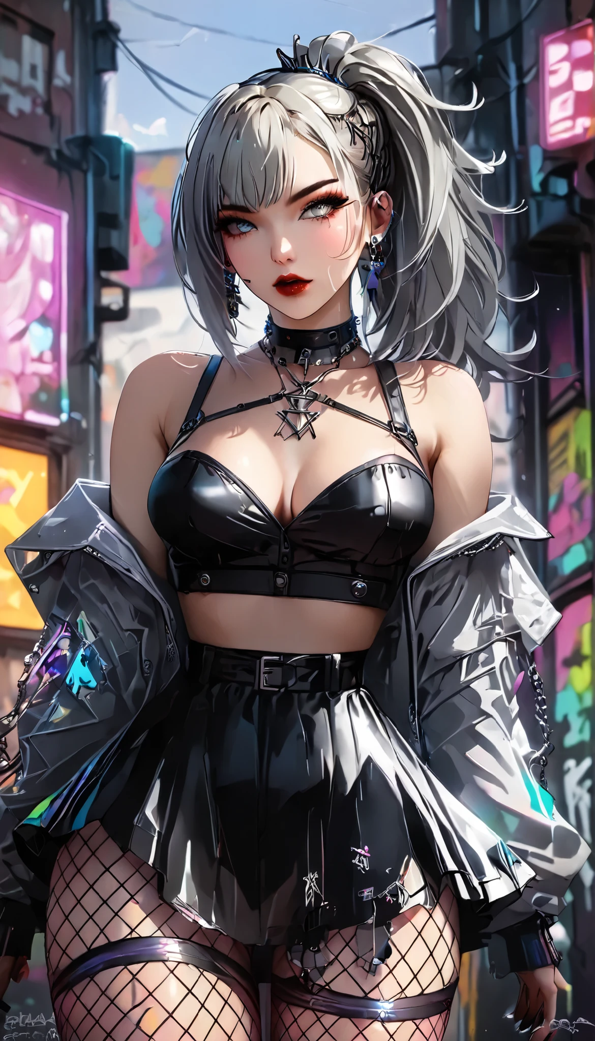 graffiti punk, (masterpiece, Highest Quality, beautiful details after the first:1.3), womanhood, solo, silver hair, cleavage, glamorous figure, fishnet tights, Act of Seduction,