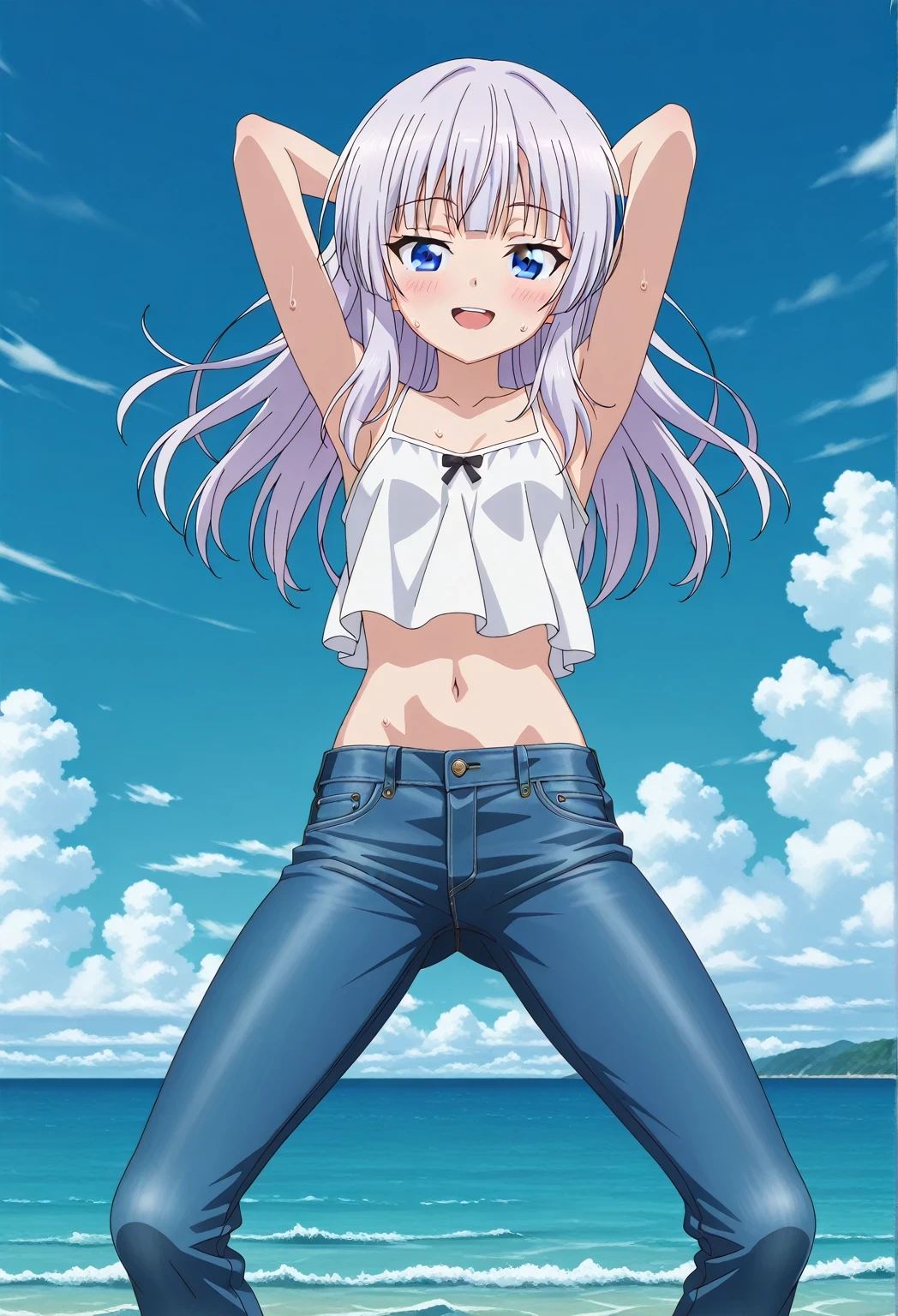 score_9, score_8_up, score_7_up, source_anime, highres, hi res, ((best quality, top quality, perfect quality, Highest Quality, amazing quality)), {{masterpiece}}, {{an extremely delicate and beautiful}}, 2d, intricate details, official style, anime, 8k, anime style, official_anime, official art, digital painting, cell shading, soft shading, high resolution, soothing tones, Subdued Color, Soft cinematic light, adobe lightroom, photolab, HDR, intricately and hyper-detailed, ((high quality animation)), 1 girl, Alone, solo, ((ocean)), tsunami, on the water, day, sunny, outdoors, sky, windy, arisu sakayanagi, sakayanagi arisu, very long hair, bangs, purple eyes, white hair, blunt bangs, anime screencap, small breasts, white camisole top, crop top, white crop top, best quality, hyper-detailed jeans, ((blue jeans:1.9)), (dark blue jeans:0.6), full medium body, medium shot, Open mouth, smiling, happy face, blush, sweat, standing, ((arms behind head:6.0)), bowlegged, jumping pose, action, looking at viewer, spread legs, Bend knees slightly, straight-on front view