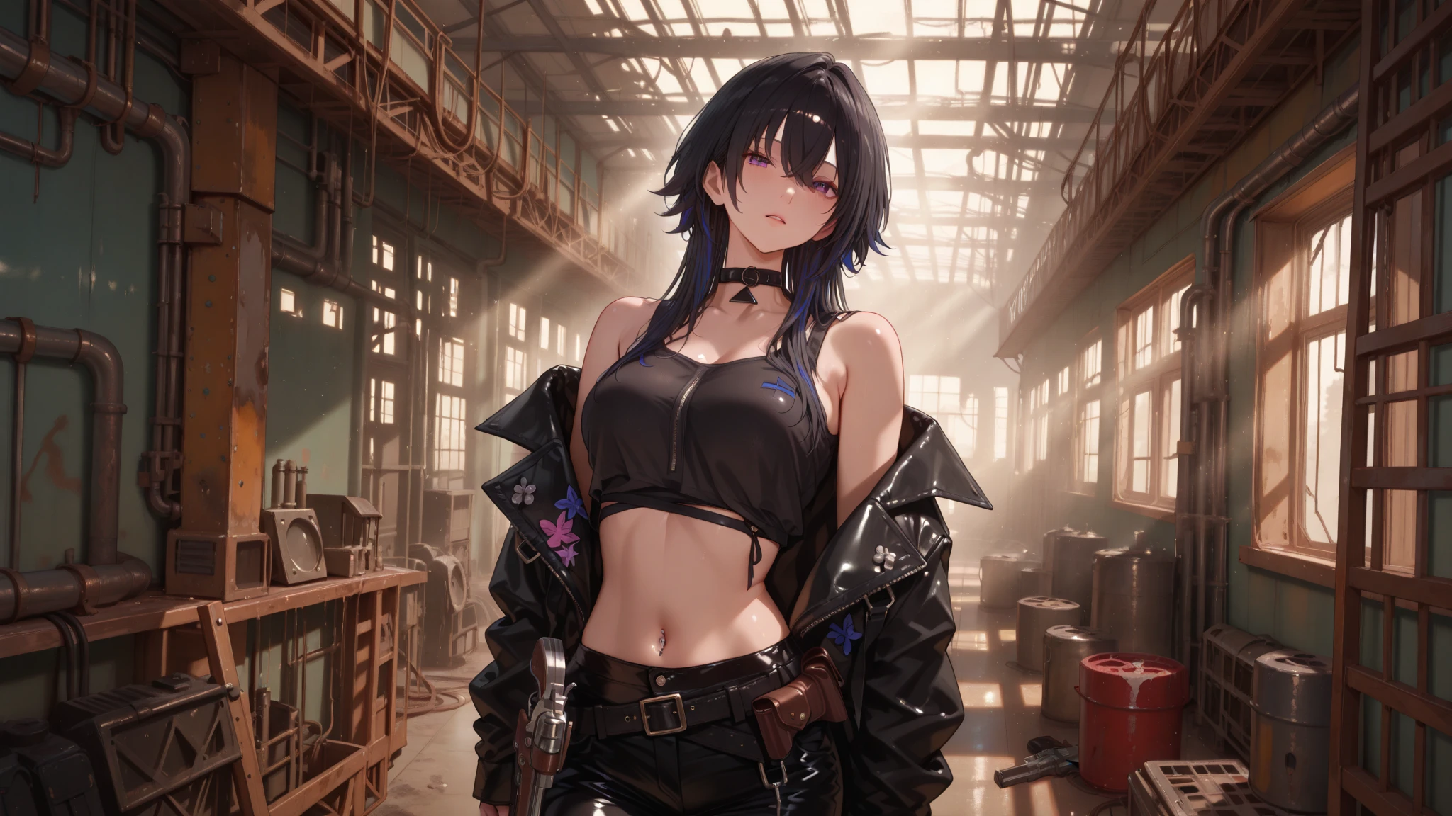 Short shoulder length hair girl, beautiful, pointed gun