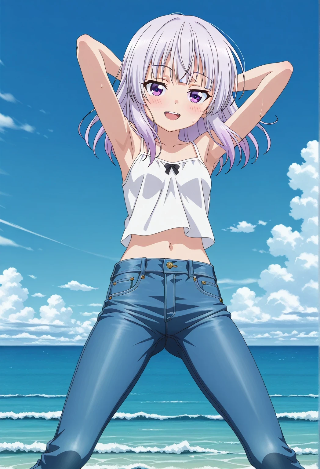 score_9, score_8_up, score_7_up, source_anime, highres, hi res, ((best quality, top quality, perfect quality, Highest Quality, amazing quality)), {{masterpiece}}, {{an extremely delicate and beautiful}}, 2d, intricate details, official style, anime, 8k, anime style, official_anime, official art, digital painting, cell shading, soft shading, high resolution, soothing tones, Subdued Color, Soft cinematic light, adobe lightroom, photolab, HDR, intricately and hyper-detailed, ((high quality animation)), 1 girl, Alone, solo, ((ocean)), tsunami, on the water, day, sunny, outdoors, sky, windy, arisu sakayanagi, sakayanagi arisu, long hair, bangs, purple eyes, white hair, blunt bangs, anime screencap, small breasts, white camisole top, crop top, white crop top, best quality, hyper-detailed jeans, ((blue jeans:1.9)), (dark blue jeans:0.6), full medium body, medium shot, Open mouth, smiling, happy face, blush, sweat, standing, ((arms behind head:6.0)), bowlegged, jumping pose, action, looking at viewer, spread legs, Bend knees slightly, straight-on front view