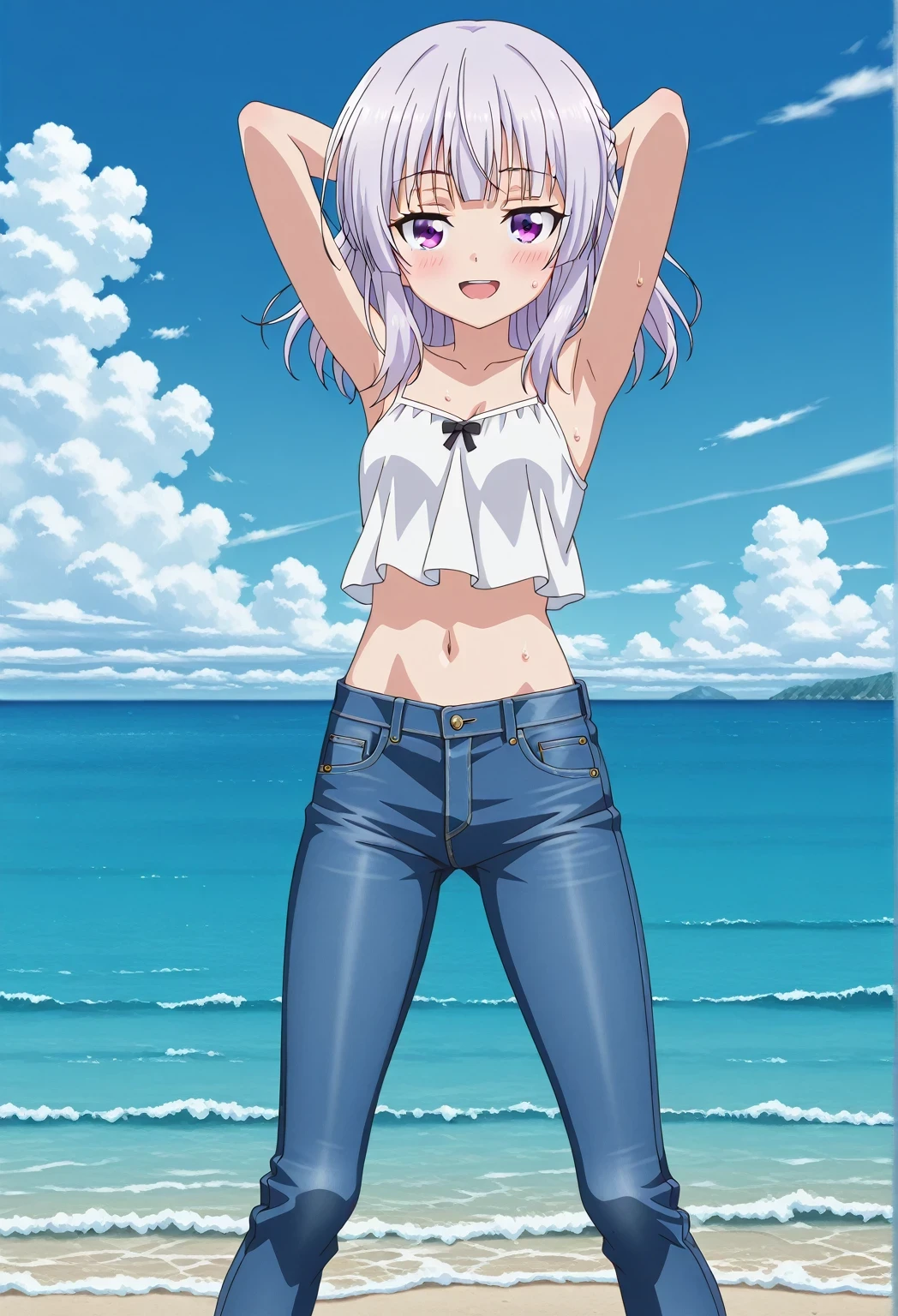 score_9, score_8_up, score_7_up, source_anime, highres, hi res, ((best quality, top quality, perfect quality, Highest Quality, amazing quality)), {{masterpiece}}, {{an extremely delicate and beautiful}}, 2d, intricate details, official style, anime, 8k, anime style, official_anime, official art, digital painting, cell shading, soft shading, high resolution, soothing tones, Subdued Color, Soft cinematic light, adobe lightroom, photolab, HDR, intricately and hyper-detailed, ((high quality animation)), 1 girl, Alone, solo, ((ocean)), tsunami, on the water, day, sunny, outdoors, sky, windy, arisu sakayanagi, sakayanagi arisu, long hair, bangs, purple eyes, white hair, blunt bangs, anime screencap, small breasts, white camisole top, crop top, white crop top, best quality, hyper-detailed jeans, ((blue jeans:1.9)), (dark blue jeans:0.6), full medium body, medium shot, Open mouth, smiling, happy face, blush, sweat, standing, ((arms behind head:6.0)), bowlegged, jumping pose, action, looking at viewer, spread legs, Bend knees slightly, straight-on front view