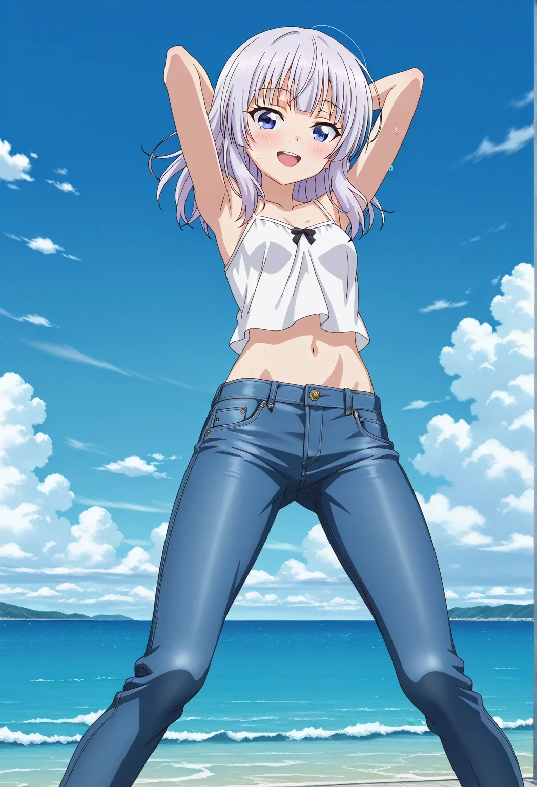 score_9, score_8_up, score_7_up, source_anime, highres, hi res, ((best quality, top quality, perfect quality, Highest Quality, amazing quality)), {{masterpiece}}, {{an extremely delicate and beautiful}}, 2d, intricate details, official style, anime, 8k, anime style, official_anime, official art, digital painting, cell shading, soft shading, high resolution, soothing tones, Subdued Color, Soft cinematic light, adobe lightroom, photolab, HDR, intricately and hyper-detailed, ((high quality animation)), 1 girl, Alone, solo, ((ocean)), tsunami, on the water, day, sunny, outdoors, sky, windy, arisu sakayanagi, sakayanagi arisu, long hair, bangs, purple eyes, white hair, blunt bangs, anime screencap, small breasts, white camisole top, crop top, white crop top, best quality, hyper-detailed jeans, ((blue jeans:1.9)), (dark blue jeans:0.6), full medium body, medium shot, Open mouth, smiling, happy face, blush, sweat, standing, ((arms behind head:6.0)), bowlegged, jumping pose, action, looking at viewer, spread legs, Bend knees slightly, straight-on front view