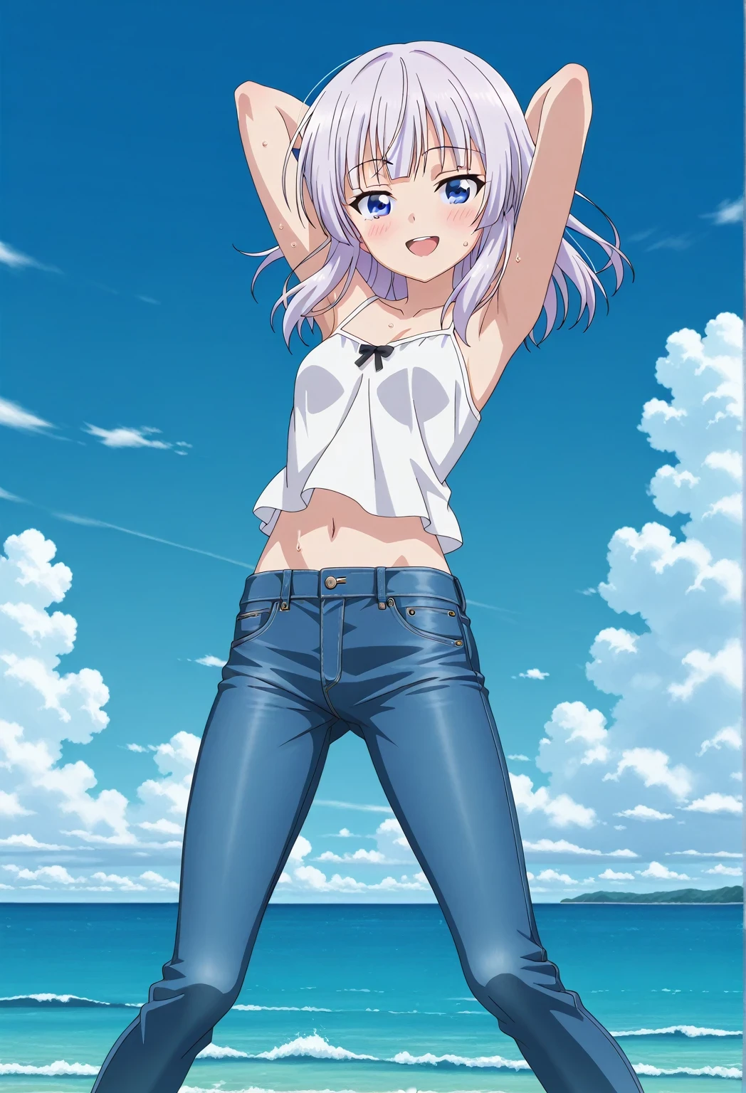 score_9, score_8_up, score_7_up, source_anime, highres, hi res, ((best quality, top quality, perfect quality, Highest Quality, amazing quality)), {{masterpiece}}, {{an extremely delicate and beautiful}}, 2d, intricate details, official style, anime, 8k, anime style, official_anime, official art, digital painting, cell shading, soft shading, high resolution, soothing tones, Subdued Color, Soft cinematic light, adobe lightroom, photolab, HDR, intricately and hyper-detailed, ((high quality animation)), 1 girl, Alone, solo, ((ocean)), tsunami, on the water, day, sunny, outdoors, sky, windy, arisu sakayanagi, sakayanagi arisu, long hair, bangs, purple eyes, white hair, blunt bangs, anime screencap, small breasts, white camisole top, crop top, white crop top, best quality, hyper-detailed jeans, ((blue jeans:1.9)), (dark blue jeans:0.6), full medium body, medium shot, Open mouth, smiling, happy face, blush, sweat, standing, ((arms behind head:6.0)), bowlegged, jumping pose, action, looking at viewer, spread legs, Bend knees slightly, straight-on front view