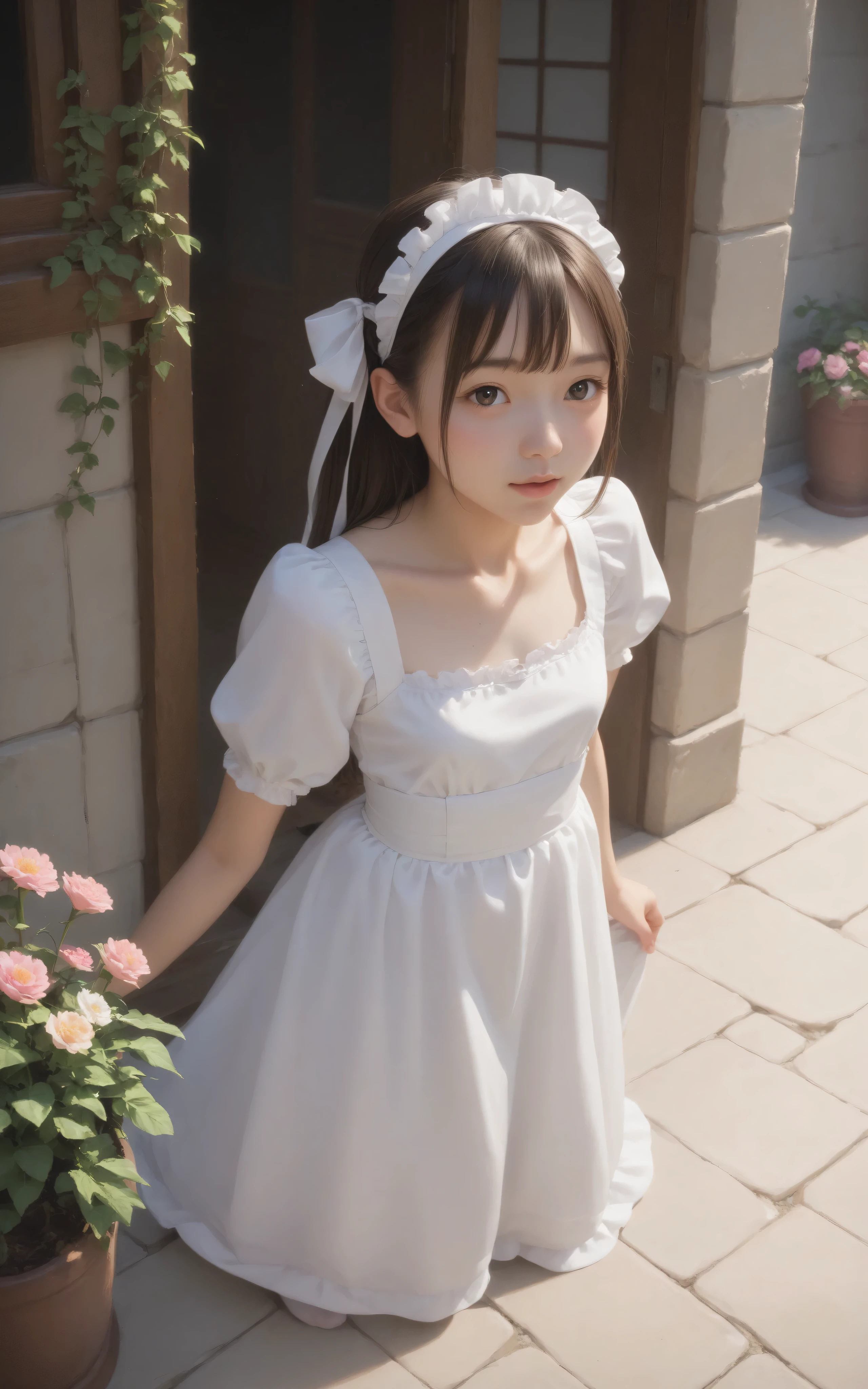 1 girl who destroys heaven、maids,Look at the audience,(skinny:0.68),(younger:1.12),from above,lean forward,(big boobs:-0.03),is watering flowers outside the mansion,japanese,(smile Yang:0.06),black lace stockings