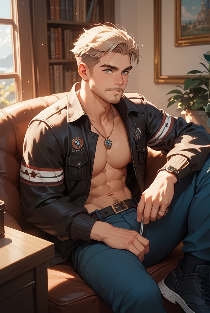 Ruggedly handsome older man, , wearing boxer briefs, bare . Dominant, Confident, gentleman, solo shot, sitting in leather chair, nightime