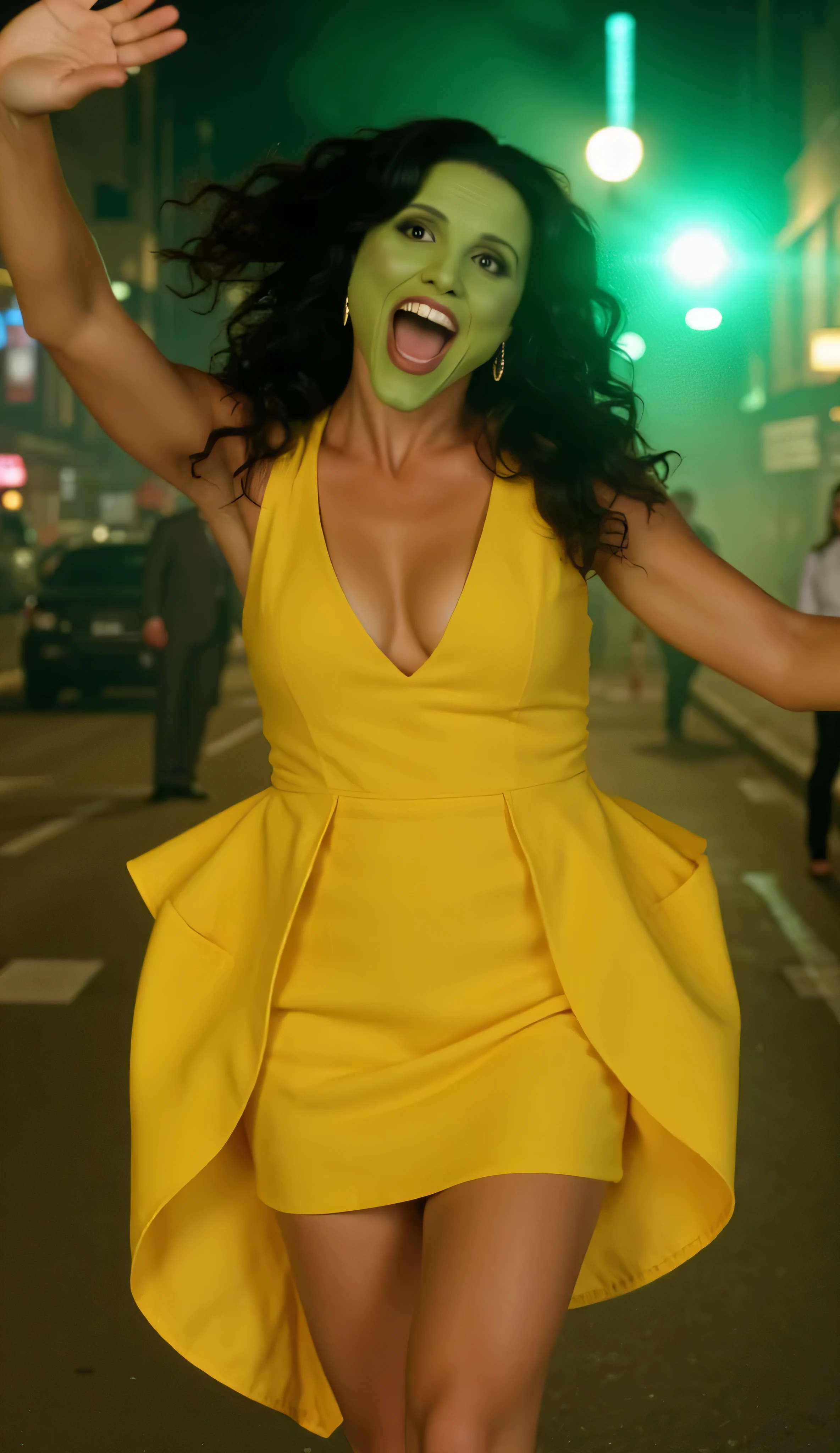 Julia Louis-Dreyfus as The Mask, cinematic, hyper-realistic, cowboy shot, live-action remake, wears sleek updated version of the iconic yellow mini dress, tailored, elegant, stylish, face covered in vivid green makeup, lifelike texture, bright red lips, expressive eyes, wide mischievous grin, charm, chaos, wit, dramatic and filmic lighting, modern superhero movies, high-contrast highlights, cinematic shadows, subtle green and gold reflections, surreal neon-lit city street, at night, smoky, full of motion blur, movie poster, bold, modern, full of energy, confidence, sarcasm, comic brilliance