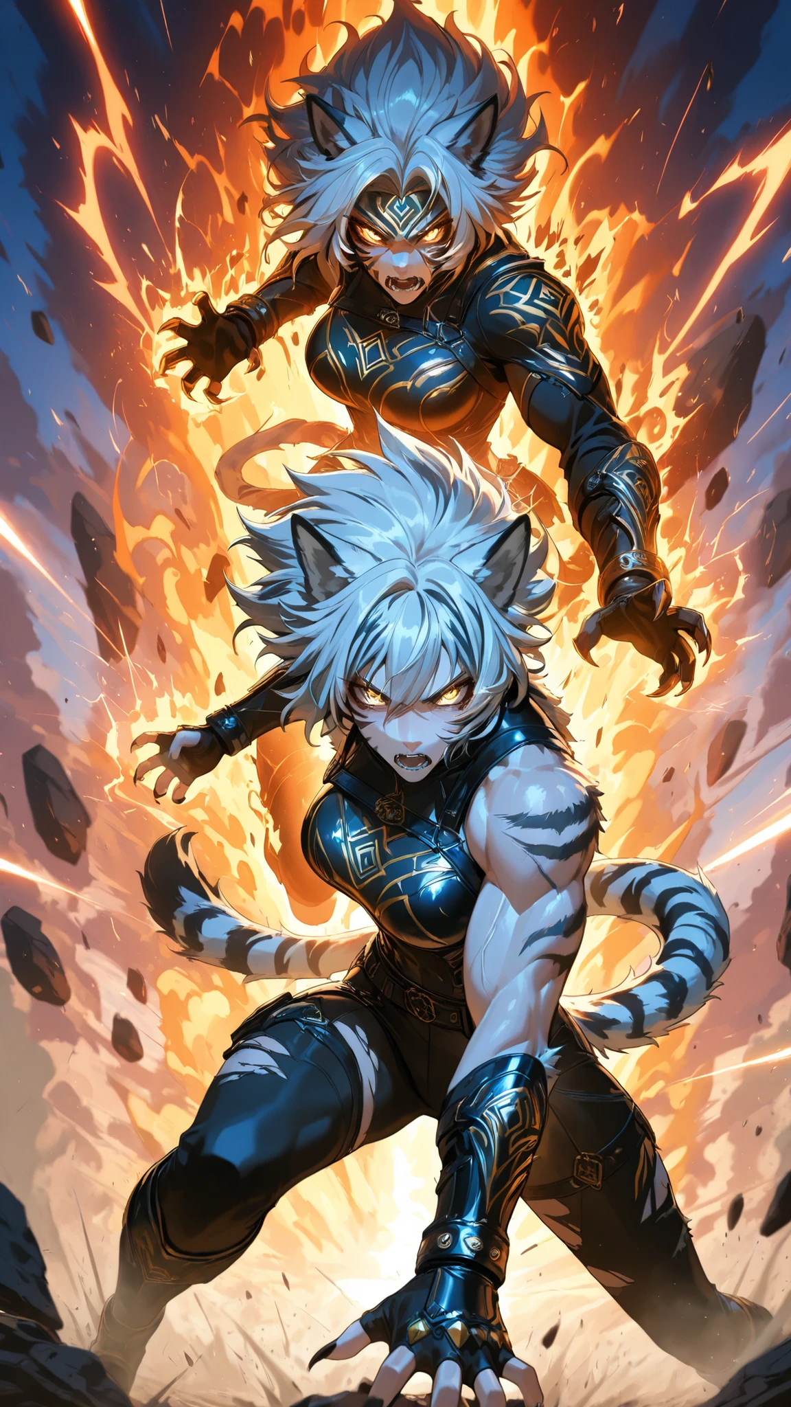 (masterpiece, best quality, highres, anime style, dynamic action scene, cinematic lighting, intense battle), two beautiful beastwoman warriors, fighting fiercely in a dusty wilderness at sunset, tiger woman, wolf woman, both mid-motion, hair and tails flying, powerful impact effects, dust and sparks exploding around them, glowing sunset sky casting orange light, tiger woman with golden eyes and striped tail launching a claw strike, wolf woman with silver hair and wolf ears counterattacking, torn battle outfits, muscles tense, fierce expressions, debris flying, energy aura, cinematic composition, ultra-detailed, fantasy anime battle illustration, breathtaking movement