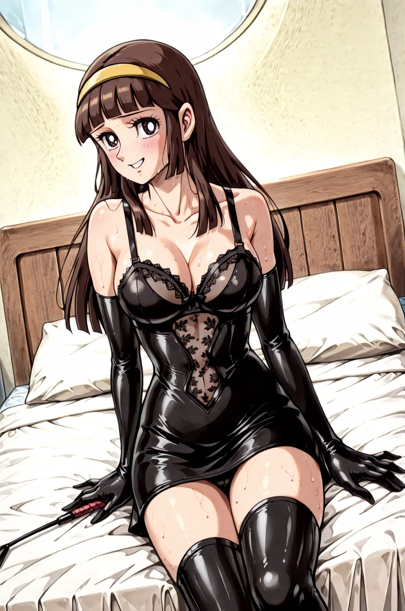 (((sitting cross-legged)))、(((looking at viewer)))、He holds a riding crop in his right hand:1.3、holding riding crop:1.4、Queen、((( 1 woman)))、(((solo:1.8)))、(((Black Latex Elbow Gloves:1.4)))、(((black latex corset dress:1.4)))、(((corset dress is adorned with beautiful lace)))、(((Corset dresses with shoulder straps)))、(((Black latex tight miniskirt:1.4)))、(((black thigh-high boots:1.4)))、(((Black rubber tights:1.2)))、(((stiletto heel boots:1.4)))、(((stiletto boots:1.4)))、(((Black latex high-leg panties)))、(((black latex bra)))、(((bold pose:1.4 )))、Wide legs:1.2、(((erotic from below)))、(((cowboy shot)))、クローズup、beautiful eyes with highlights、Fine Beautiful Skin、} 2 perfect legs based on anatomy、wearing cute mythological costumes、(perfect 4 fingers and 1 thumb)、greatest masterpiece、masterpieces from above、absurdres、high image quality、Hi-Res 8k、detailed face、detailed eyes、Detailed Hairstyles、Sayaka,,score_9, score_8_up, score_7_up, score_6_up, score_5_up, score_4_up,  big breastss, ((very detailed)), (beautiful hair、beautiful faces、beautiful eyes、 beautiful breasts、beautiful thighs、beautiful legs、beautiful fingers ), (完璧にdetailed face), (very detailedな手), 1girl,solo,  (Sayaka, Yumi_Sayaka, yumi Sayaka, 70s Style, retro art style, dark brown hair, straight hair per sheet, long hair, tight bangs, yellow headband, big boobs, 
 dynamic pose,Indoor、detailed background、SM Exclusive Hotel、 bed、
(natural and well-defined finger holding a diamond, Neatly Articulated Fingers), BREAK long hair,dark haired,round eyes,Open His Mouth,big breasts,wide hips(retro art style:0.85)
(blush,sad)((stare at each other)), cowboy shot(nude)sweaty、staring at the audience、Make eye contact with the audience、Dutch angle、dynamic angle、grin、naughty face、Blush
