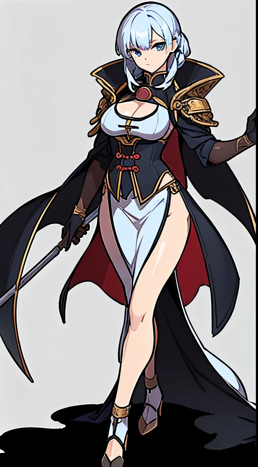 (((Top quality))) , ((full body)), female,  References , alone, (white background),  catching a cane , Portrait with a coat of gloves , Three Kingdoms costume , Chest exposure, side slit skirt,