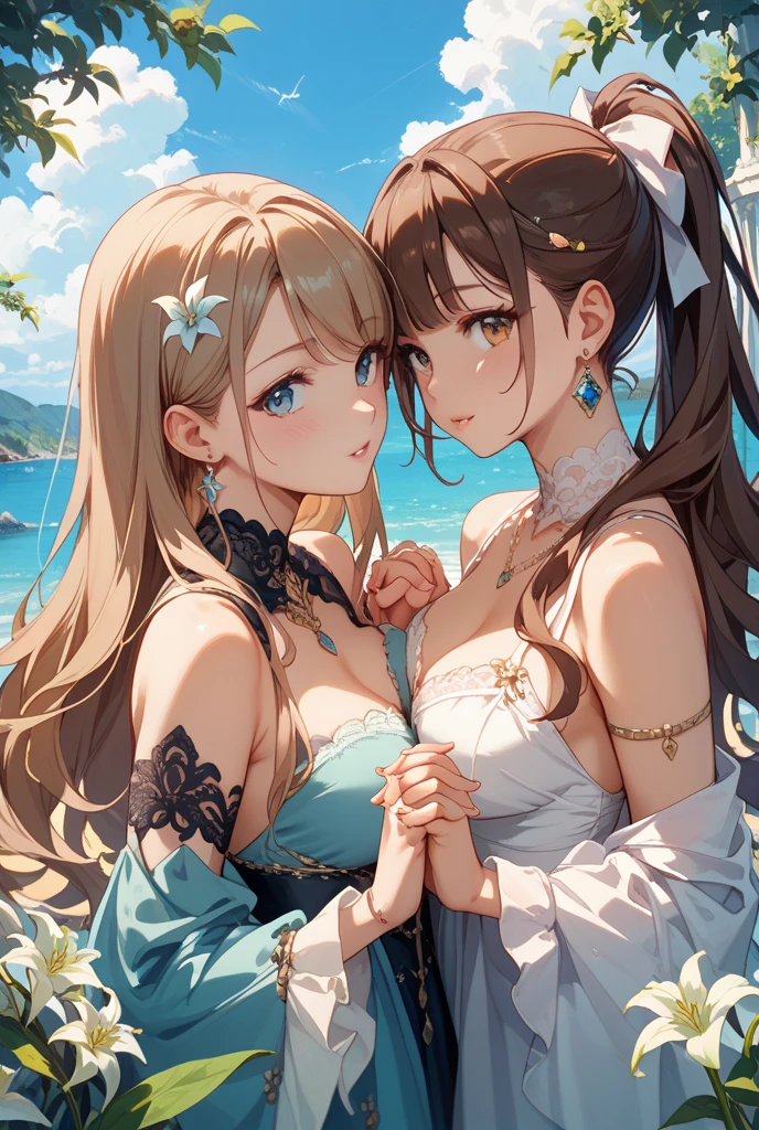 (2young girls), (best quality), (ultra-detailed), illustration, (detailed light), (an extremely delicate and beautiful), brown hair, brown eyes, model, (Beautiful ???????????:1.3), ???? shoulders, (???? ???????:1.2), best quality, extremely detailed CG unified 8k wallpaper, High-definition raw color photos, professional photography, (((Bokeh))), depth of fields, beach, sea, twilight, sunset,