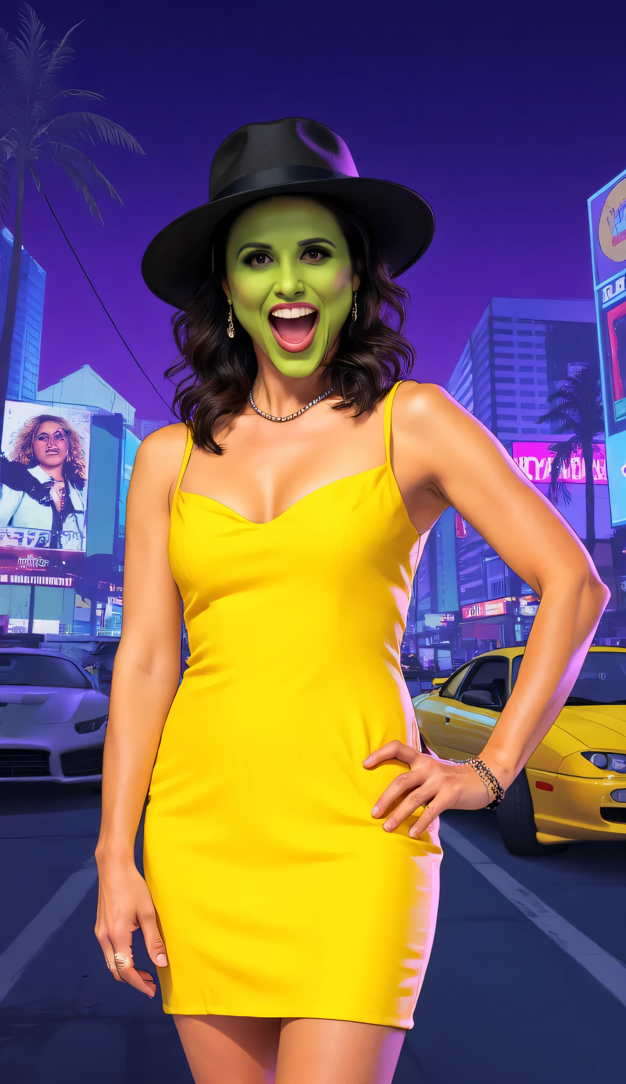 Julia Louis-Dreyfus as The Mask, Grand Theft Auto artwork style, stands confidently, neon-lit city street, at night, wearing stylish yellow mini dress, fedora, bright green face, bright red lips, mischievous grin, sharp expressive eyes, cinematic realism, GTA aesthetics, bold outlines, slightly exaggerated proportions, vibrant lighting, urban chaos, colorful cityscape, palm trees, sports cars, glowing billboards, GTA poster, energetic, irreverent, elegance, sarcasm, playful menace, criminal mastermind with a sense of humor