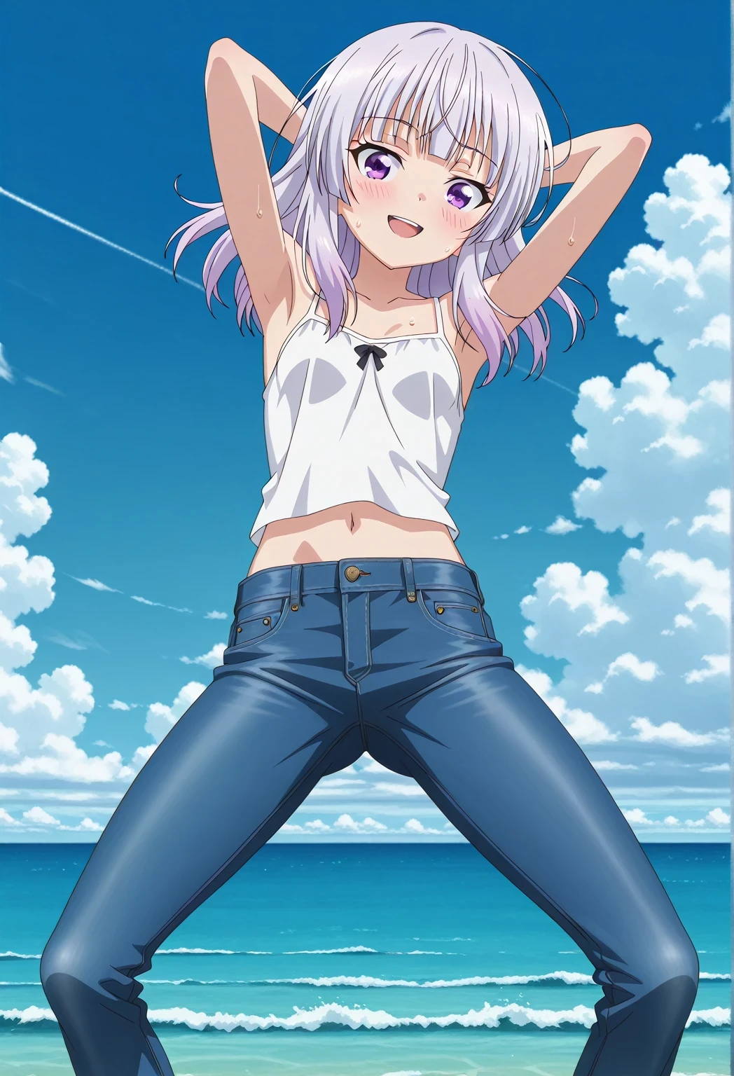 score_9, score_8_up, score_7_up, source_anime, highres, hi res, ((best quality, top quality, perfect quality, Highest Quality, amazing quality)), {{masterpiece}}, {{an extremely delicate and beautiful}}, 2d, intricate details, official style, anime, 8k, anime style, official_anime, official art, digital painting, cell shading, soft shading, high resolution, soothing tones, Subdued Color, Soft cinematic light, adobe lightroom, photolab, HDR, intricately and hyper-detailed, ((high quality animation)), 1 girl, Alone, solo, ((ocean)), tsunami, on the water, day, sunny, outdoors, sky, windy, arisu sakayanagi, sakayanagi arisu, long hair, bangs, purple eyes, white hair, blunt bangs, anime screencap, small breasts, white camisole top, crop top, white crop top, best quality, hyper-detailed jeans, ((blue jeans:1.9)), (dark blue jeans:0.6), full medium body, medium shot, Open mouth, smiling, happy face, blush, sweat, standing, ((arms behind head:6.0)), bowlegged, jumping pose, action, looking at viewer, spread legs, Bend knees slightly, straight-on front view