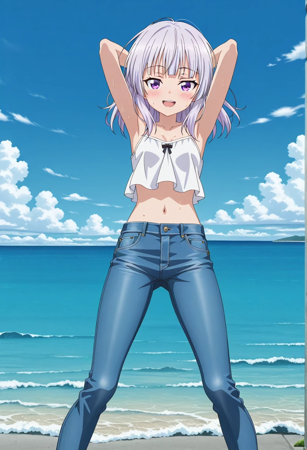 score_9, score_8_up, score_7_up, source_anime, highres, hi res, ((best quality, top quality, perfect quality, Highest Quality, amazing quality)), {{masterpiece}}, {{an extremely delicate and beautiful}}, 2d, intricate details, official style, anime, 8k, anime style, official_anime, official art, digital painting, cell shading, soft shading, high resolution, soothing tones, Subdued Color, Soft cinematic light, adobe lightroom, photolab, HDR, intricately and hyper-detailed, ((high quality animation)), 1 girl, Alone, solo, ((ocean)), tsunami, on the water, day, sunny, outdoors, sky, windy, arisu sakayanagi, sakayanagi arisu, long hair, bangs, purple eyes, white hair, blunt bangs, anime screencap, small breasts, white camisole top, crop top, white crop top, best quality, hyper-detailed jeans, ((blue jeans:1.9)), (dark blue jeans:0.6), full medium body, medium shot, Open mouth, smiling, happy face, blush, sweat, standing, ((arms behind head:6.0)), bowlegged, jumping pose, action, looking at viewer, spread legs, Bend knees slightly, straight-on front view