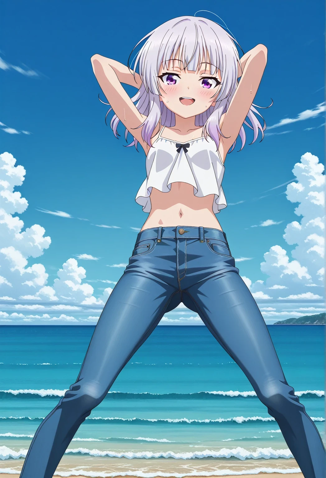 score_9, score_8_up, score_7_up, source_anime, highres, hi res, ((best quality, top quality, perfect quality, Highest Quality, amazing quality)), {{masterpiece}}, {{an extremely delicate and beautiful}}, 2d, intricate details, official style, anime, 8k, anime style, official_anime, official art, digital painting, cell shading, soft shading, high resolution, soothing tones, Subdued Color, Soft cinematic light, adobe lightroom, photolab, HDR, intricately and hyper-detailed, ((high quality animation)), 1 girl, Alone, solo, ((ocean)), tsunami, on the water, day, sunny, outdoors, sky, windy, arisu sakayanagi, sakayanagi arisu, long hair, bangs, purple eyes, white hair, blunt bangs, anime screencap, small breasts, white camisole top, crop top, white crop top, best quality, hyper-detailed jeans, ((blue jeans:1.9)), (dark blue jeans:0.6), full medium body, medium shot, Open mouth, smiling, happy face, blush, sweat, standing, ((arms behind head:6.0)), bowlegged, jumping pose, action, looking at viewer, spread legs, Bend knees slightly, straight-on front view