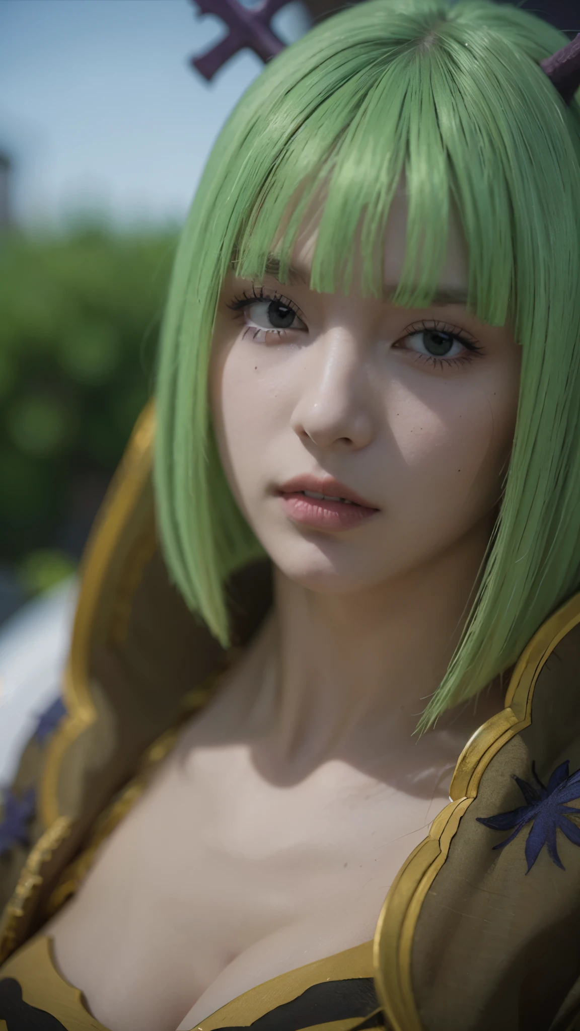 Half-body portrait of Brandish μ from Fairy Tail, ultra-realistic and highly detailed style, lifelike skin texture, expressive green eyes, soft blonde hair with green tips, wearing her revealing white outfit with green accents, calm and confident expression, cinematic lighting, smooth skin tones, subtle makeup, intricate fabric details, realistic shading and depth, high-definition photography, 8K resolution, professional studio background, hyperrealistic anime character concept art