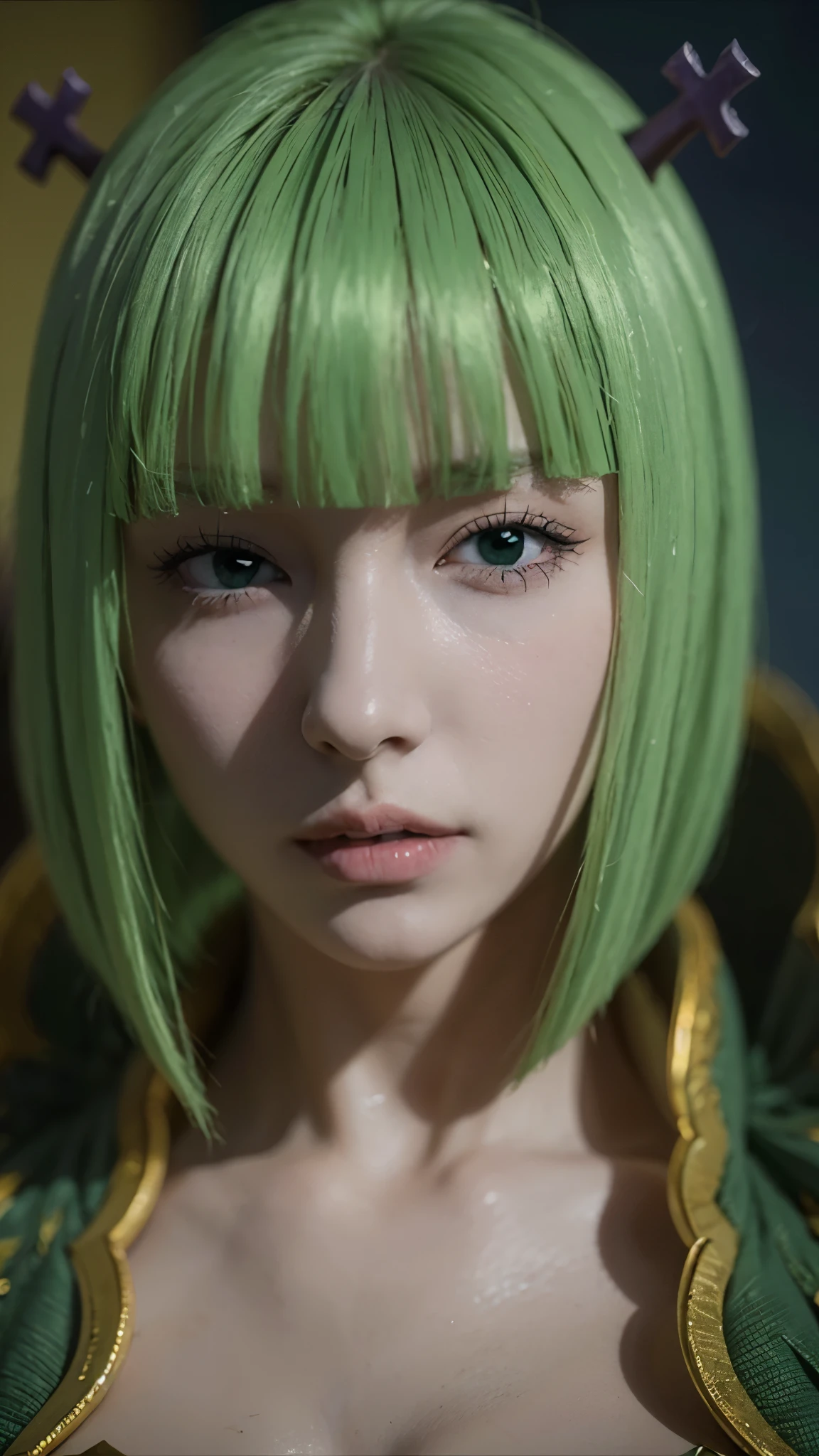 Half-body portrait of Brandish μ from Fairy Tail, ultra-realistic and highly detailed style, lifelike skin texture, expressive green eyes, soft blonde hair with green tips, wearing her revealing white outfit with green accents, calm and confident expression, cinematic lighting, smooth skin tones, subtle makeup, intricate fabric details, realistic shading and depth, high-definition photography, 8K resolution, professional studio background, hyperrealistic anime character concept art