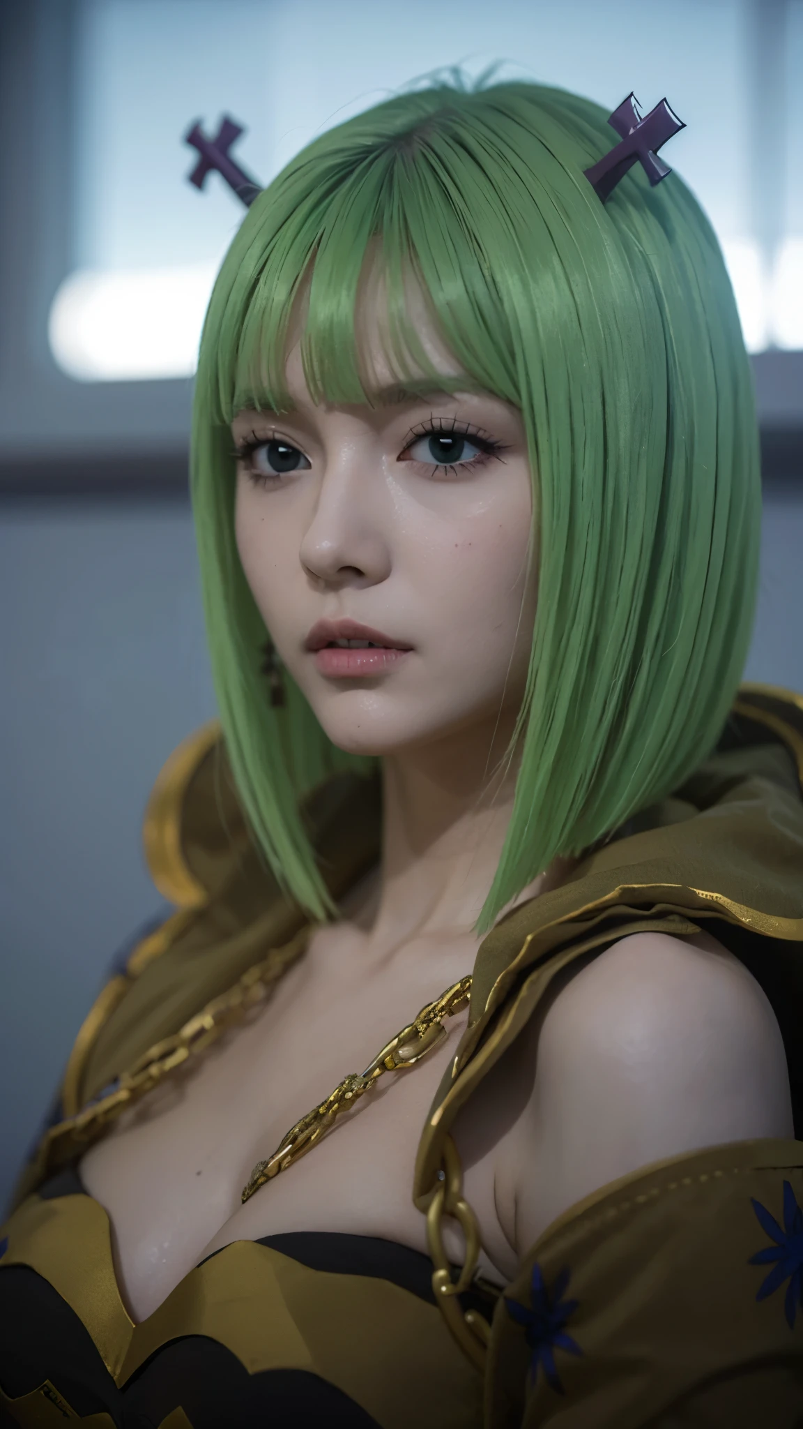 Half-body portrait of Brandish μ from Fairy Tail, ultra-realistic and highly detailed style, lifelike skin texture, expressive green eyes, soft blonde hair with green tips, wearing her revealing white outfit with green accents, calm and confident expression, cinematic lighting, smooth skin tones, subtle makeup, intricate fabric details, realistic shading and depth, high-definition photography, 8K resolution, professional studio background, hyperrealistic anime character concept art