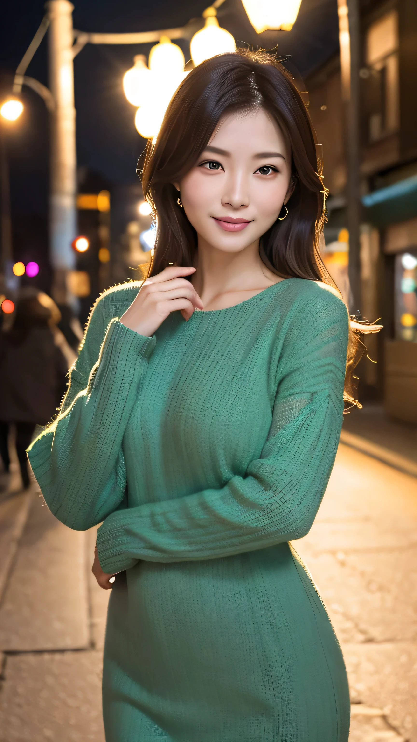 ((Best Quality)), ((8k)), ((masterpiece: 1.3)), (Perfect Look), (Photorealism: 1.6), (JMA), (Ain), (Japanese mature women), ( wearing a colored knit dress),1 mature woman,wife,Night Street Lights ,Best Quality,masterpiece,extremely delicate and beautiful,CG,Unity,8K wallpaper, is amazing, in fine detail,very detailed CG Unity 8K wallpaper,非常にhigh resolution,Super Detail,high resolution,very detailed,beautiful detailed girl,realistic,soft light,Full Frontal(sunlight), Age 30, gentle smiling face,Shot above waist,Beautiful, tall, fair-skinned, half Japanese, half Russian. Only one woman must be created. Muscular, broad shoulders. 20 years old. Young, beautiful woman.