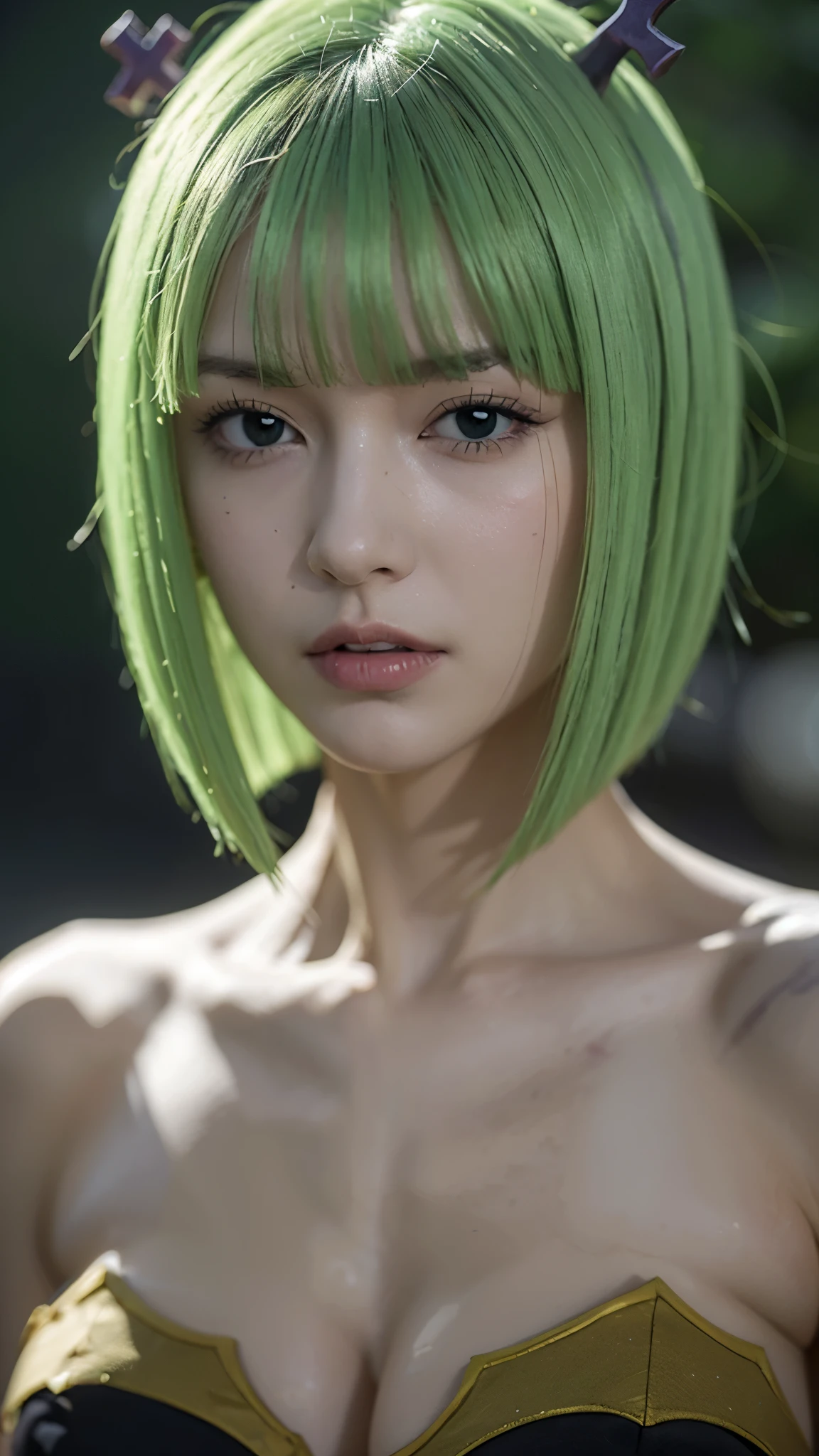 Half-body portrait of Brandish μ from Fairy Tail, ultra-realistic and highly detailed style, lifelike skin texture, expressive green eyes, soft blonde hair with green tips, wearing her revealing white outfit with green accents, calm and confident expression, cinematic lighting, smooth skin tones, subtle makeup, intricate fabric details, realistic shading and depth, high-definition photography, 8K resolution, professional studio background, hyperrealistic anime character concept art