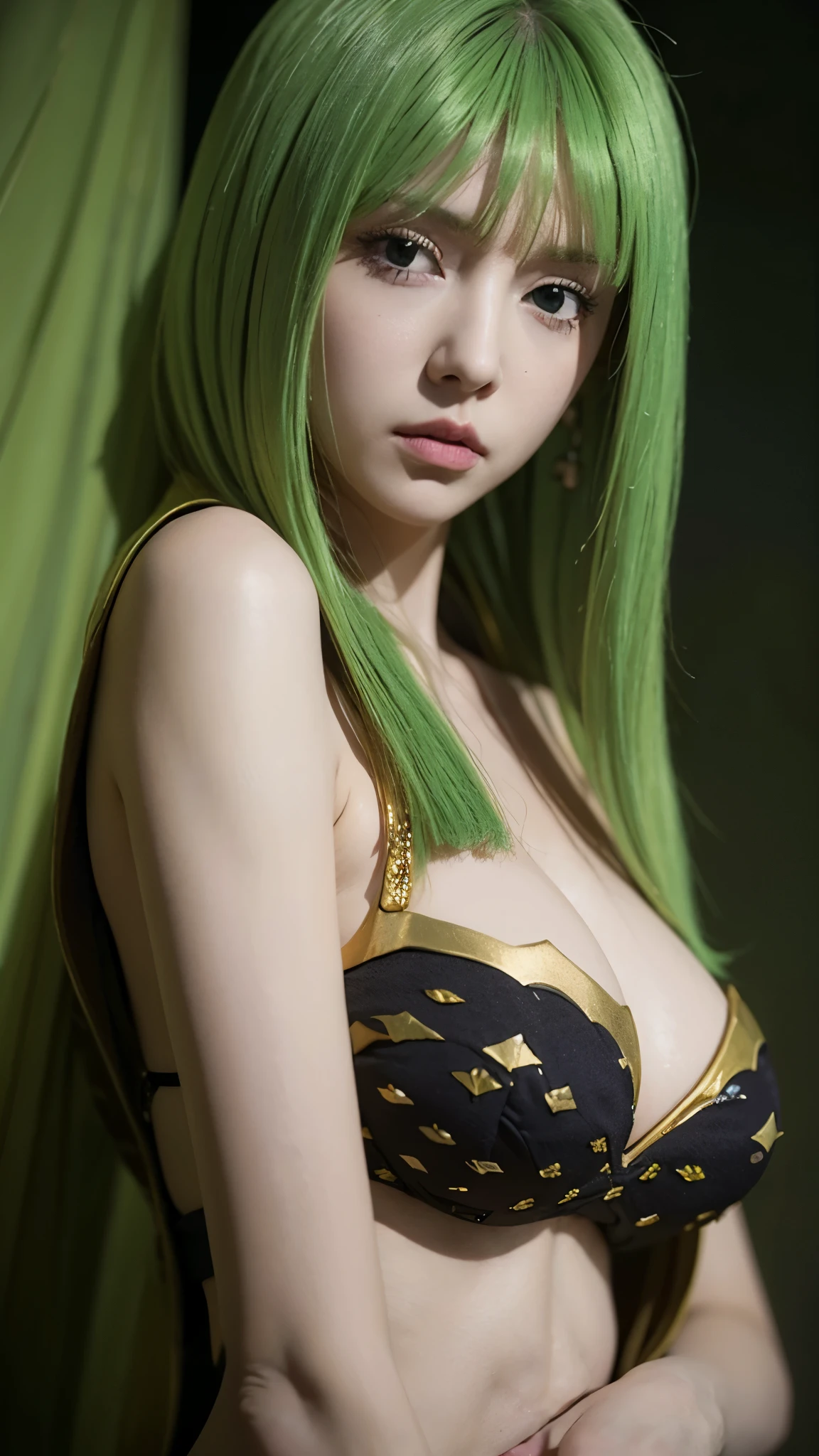 Half-body portrait of Brandish μ from Fairy Tail, ultra-realistic and highly detailed style, lifelike skin texture, expressive green eyes, soft blonde hair with green tips, wearing her revealing white outfit with green accents, calm and confident expression, cinematic lighting, smooth skin tones, subtle makeup, intricate fabric details, realistic shading and depth, high-definition photography, 8K resolution, professional studio background, hyperrealistic anime character concept art