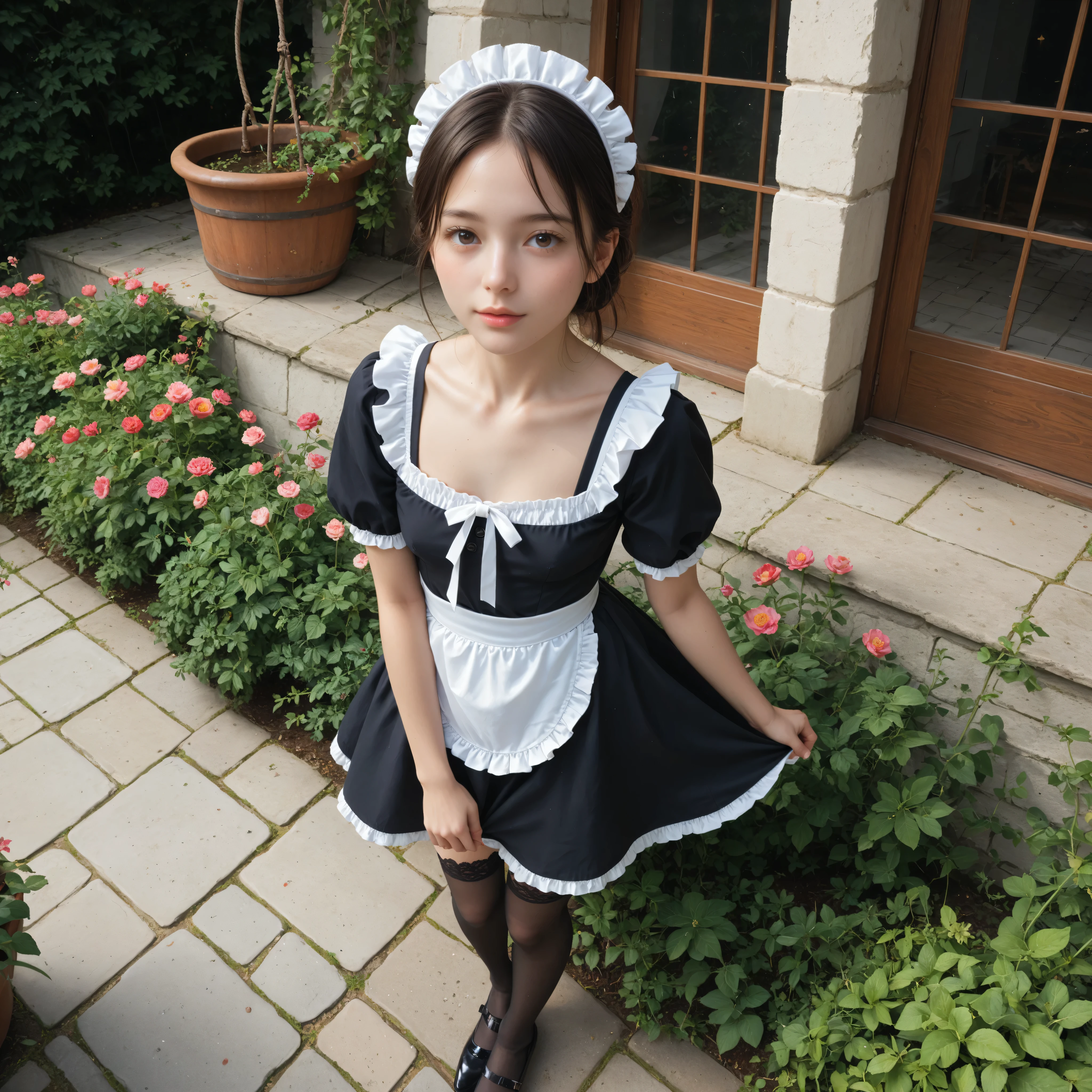 1 Girl、maids,Look at the audience,(skinny:0.64),(younger:0.60),from above,lean forward,(big boobs:-0.38),is watering flowers outside the mansion,japanese,(smile Yang:0.24),black lace stockings