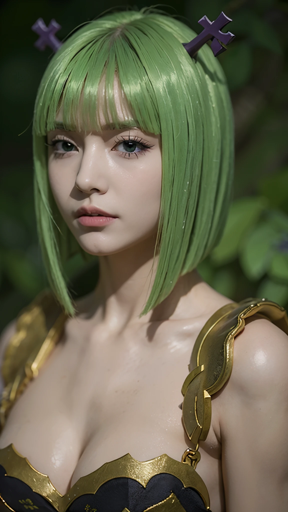 Half-body portrait of Brandish μ from Fairy Tail, ultra-realistic and highly detailed style, lifelike skin texture, expressive green eyes, soft blonde hair with green tips, wearing her revealing white outfit with green accents, calm and confident expression, cinematic lighting, smooth skin tones, subtle makeup, intricate fabric details, realistic shading and depth, high-definition photography, 8K resolution, professional studio background, hyperrealistic anime character concept art