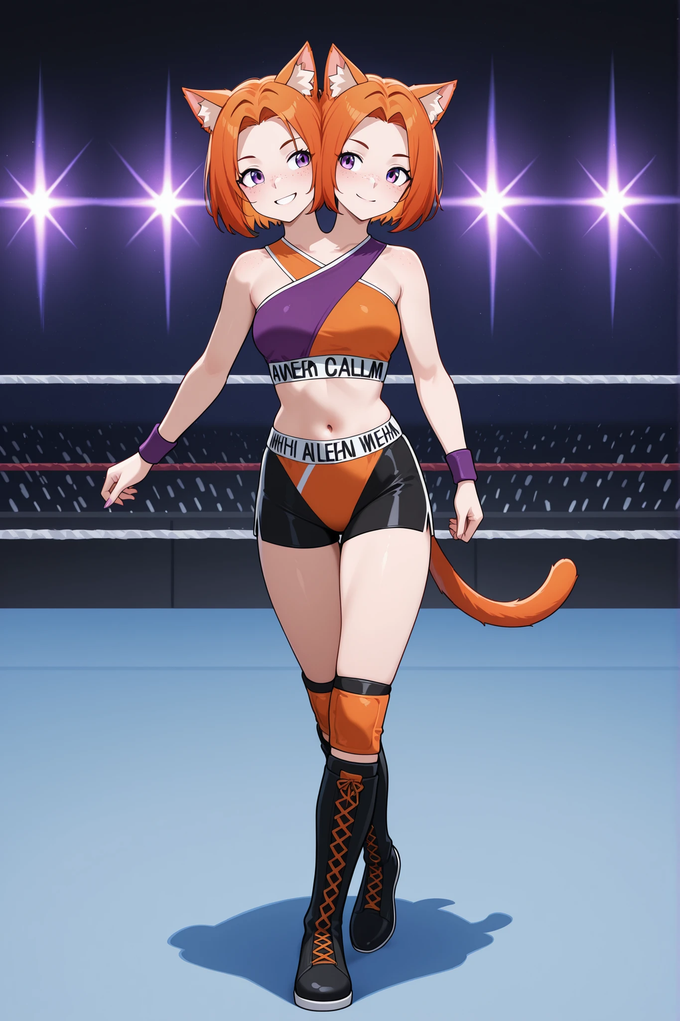 conjoined, anime girl with two heads, orange hair, cat ears and tail, purple eyes, freckles, right head is calm and left head is smiling confidently, pro wrestling attire, walking down an arena walkway