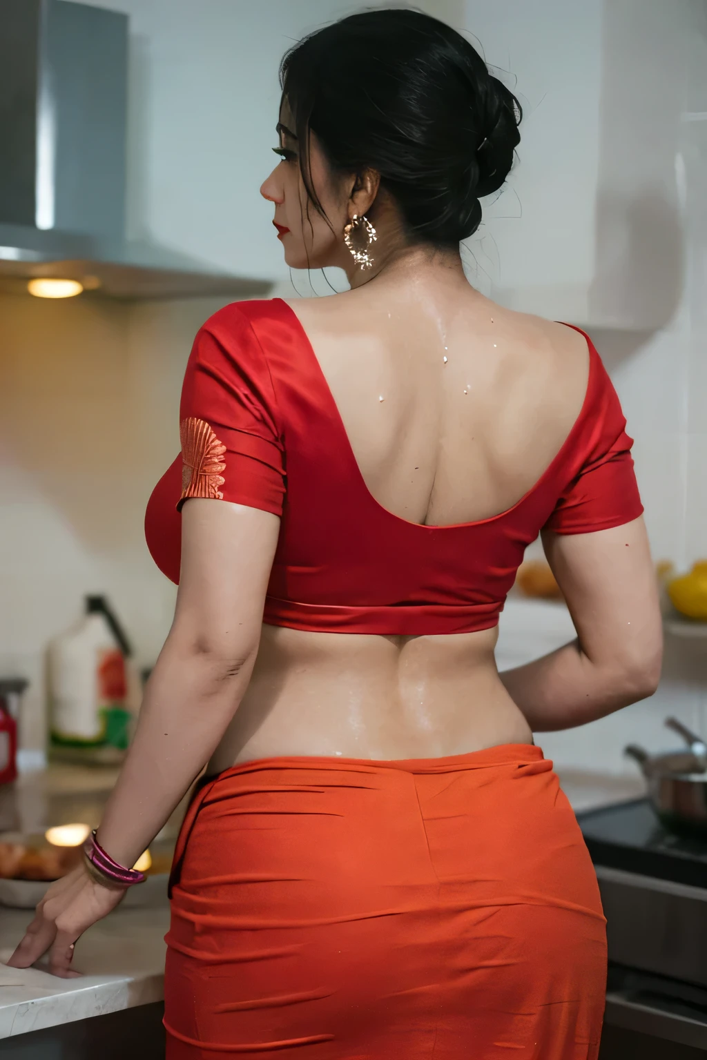 A mature Indian woman, extremely chubby figure, fatty woman, gigantic breasts, inside a kitchen, standing infront of a kitchen gas stove, cooking on the gas stove, cooking curry, a pan on the gas stove, modern kitchen interior, professional lighting, gradient background. Well lit room, Super curvy figure, well-defined curves, beautiful breasts, gigantic breasts, perfectly shaped real breasts. Photorealistic, ultra-realistic real-life woman, ultra 4k quality, 8k, high resolution, ultra-detailed, Hd image quality, 4k image. extremely detailed skin, realistic skin texture, shiny wet skin, detailed sweaty skin, sweating heavily, (soaked in sweat :1.2). Her hands are perfectly shaped, perfect fingers, perfectly shaped head features, hairbun, professional hairbun, light jewelry. Wearing a cotton blouse, red blouse, short blouse sleeves, red cotton blouee, woman in saree blouse, thin cotton saree, light colour saree, dot printed, casual plain cotton saree, saree border, realistic thighs. thick chubby ass, Extremely sweaty skin, sweating heavily, fatty ass, long earring, bangles on hand, wearing a necklace, sweating heavily, sweat drops on back, sweating skin. Backview, view from back, detailed back view, detailed saree on ass, proper saree, perfectly drapped saree on back, thick ass, proper saree on ass, smooth spotless skin, Backshot, candid photography, candid backshot, extremely chubby figure, fatty curvy back, proper saree on waist, ultrablow waist saree, backless blouse, thin blouse strap, slim blouse, shiny skin, oiled skin, back closeup, closeup view of back