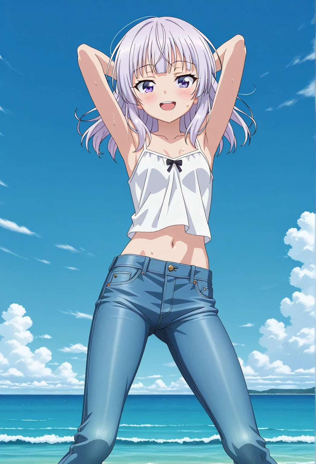 score_9, score_8_up, score_7_up, source_anime, highres, hi res, ((best quality, top quality, perfect quality, Highest Quality, amazing quality)), {{masterpiece}}, {{an extremely delicate and beautiful}}, 2d, intricate details, official style, anime, 8k, anime style, official_anime, official art, digital painting, cell shading, soft shading, high resolution, soothing tones, Subdued Color, Soft cinematic light, adobe lightroom, photolab, HDR, intricately and hyper-detailed, ((high quality animation)), 1 girl, Alone, solo, ((ocean)), tsunami, on the water, day, sunny, outdoors, sky, windy, arisu sakayanagi, sakayanagi arisu, long hair, bangs, purple eyes, white hair, blunt bangs, anime screencap, small breasts, white camisole top, crop top, white crop top, best quality, hyper-detailed jeans, ((blue jeans:1.9)), (dark blue jeans:0.6), full medium body, medium shot, Open mouth, smiling, happy face, blush, sweat, standing, ((arms behind head:6.0)), bowlegged, jumping pose, action, looking at viewer, spread legs, Bend knees slightly, straight-on front view