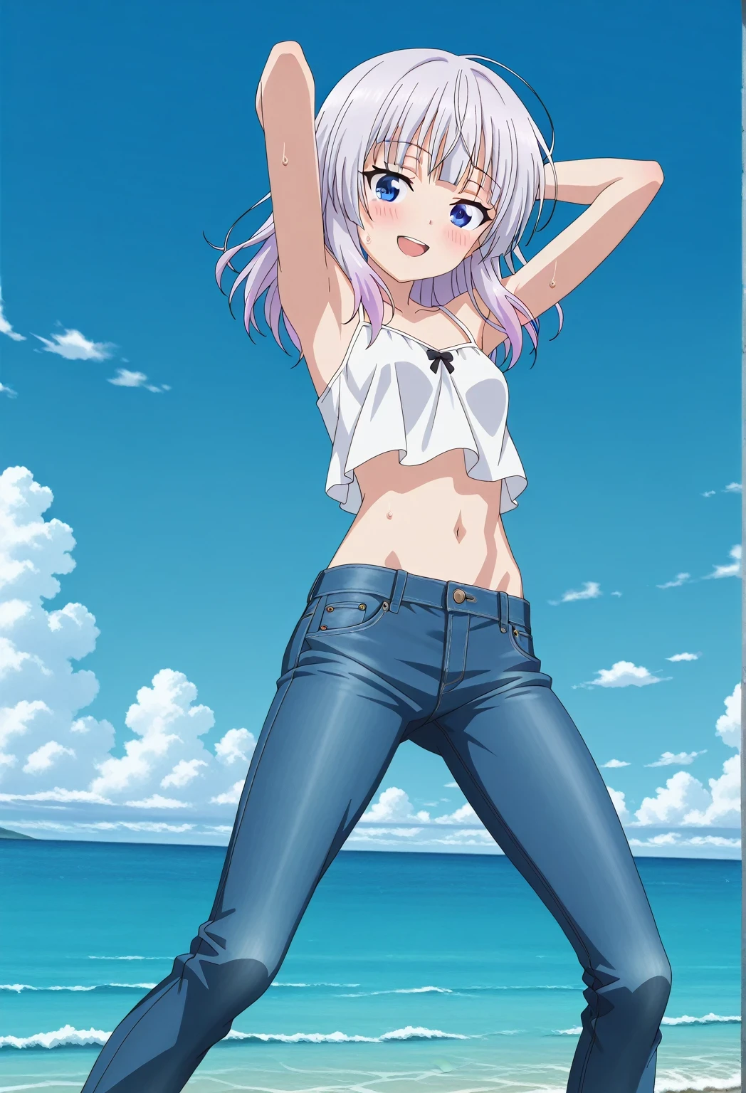 score_9, score_8_up, score_7_up, source_anime, highres, hi res, ((best quality, top quality, perfect quality, Highest Quality, amazing quality)), {{masterpiece}}, {{an extremely delicate and beautiful}}, 2d, intricate details, official style, anime, 8k, anime style, official_anime, official art, digital painting, cell shading, soft shading, high resolution, soothing tones, Subdued Color, Soft cinematic light, adobe lightroom, photolab, HDR, intricately and hyper-detailed, ((high quality animation)), 1 girl, Alone, solo, ((ocean)), tsunami, on the water, day, sunny, outdoors, sky, windy, arisu sakayanagi, sakayanagi arisu, long hair, bangs, purple eyes, white hair, blunt bangs, anime screencap, small breasts, white camisole top, crop top, white crop top, best quality, hyper-detailed jeans, ((blue jeans:1.9)), (dark blue jeans:0.6), full medium body, medium shot, Open mouth, smiling, happy face, blush, sweat, standing, ((arms behind head:6.0)), bowlegged, jumping pose, action, looking at viewer, spread legs, Bend knees slightly, straight-on front view